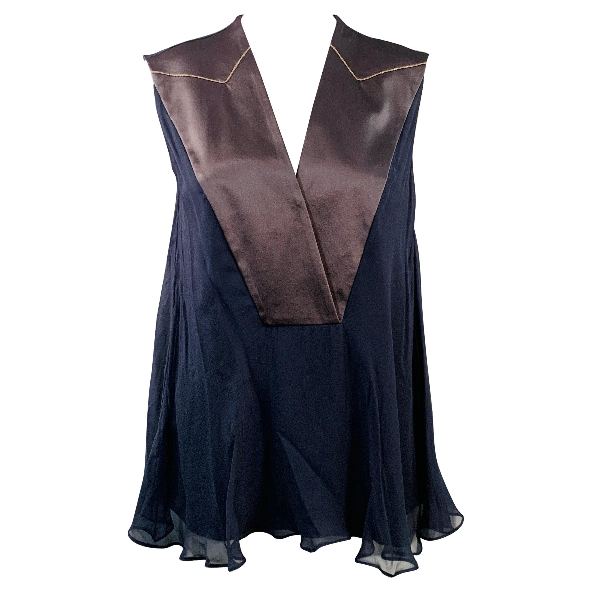 BRUNELLO CUCINELLI Size S Navy Black Chiffon Two Tone Monili Beading V-Neck Blouse