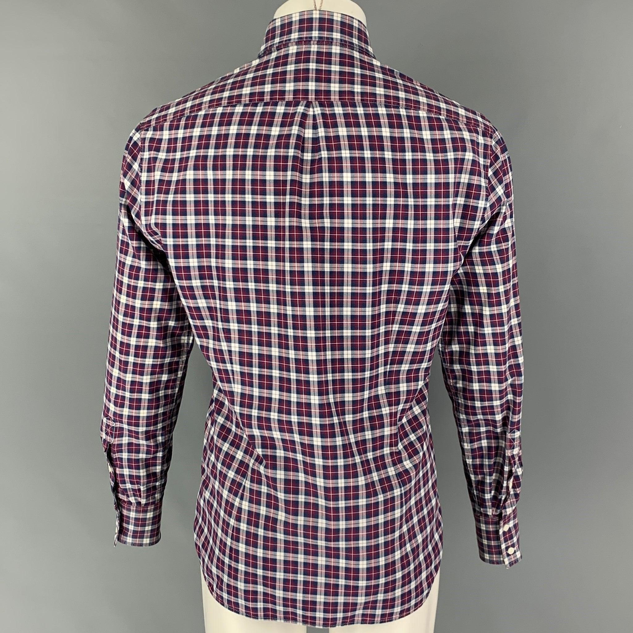 BRUNELLO CUCINELLI Size S Navy Burgundy Plaid Button Down Long Sleeve Shirt In Good Condition For Sale In San Francisco, CA