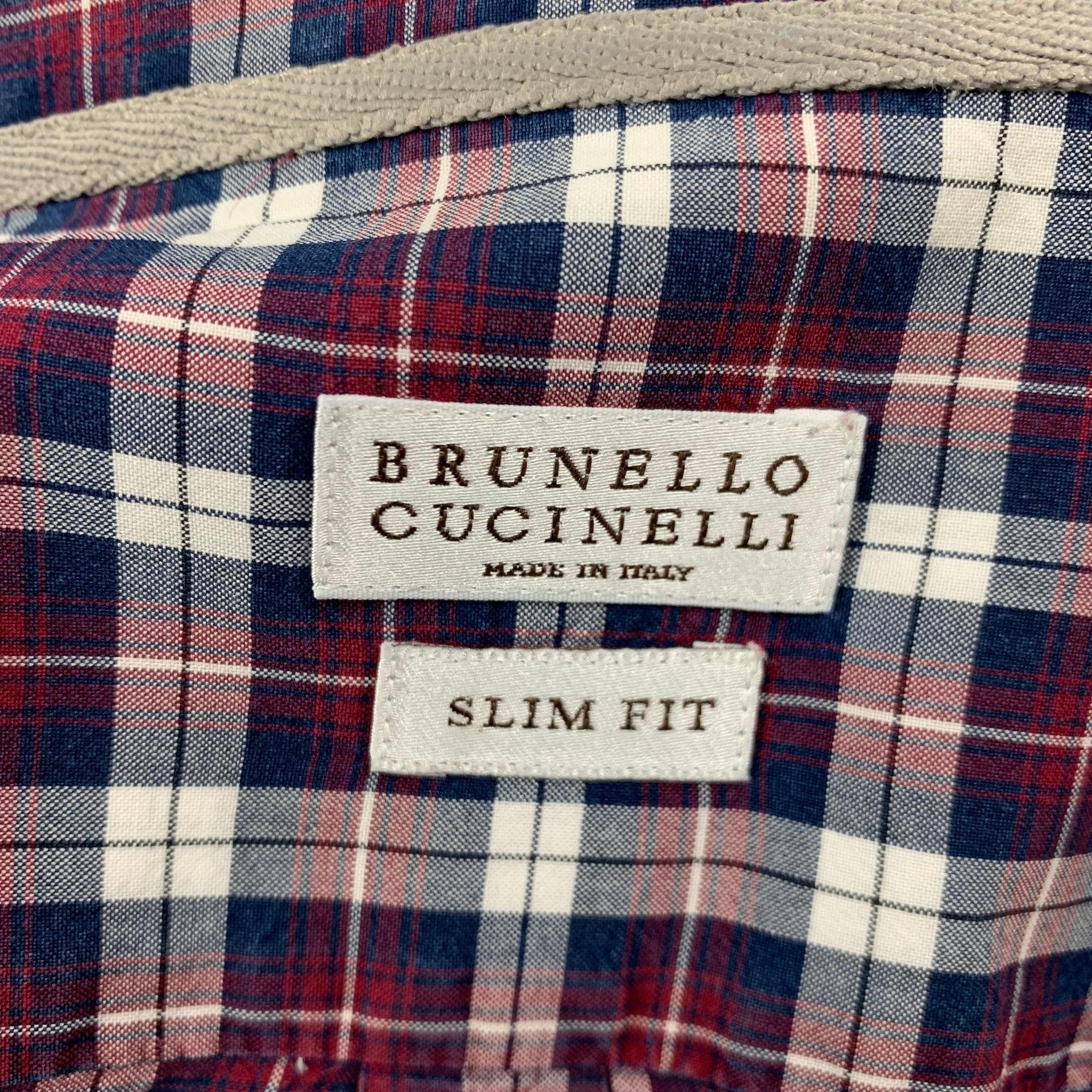 BRUNELLO CUCINELLI Size S Navy Burgundy Plaid Button Down Long Sleeve Shirt For Sale 1