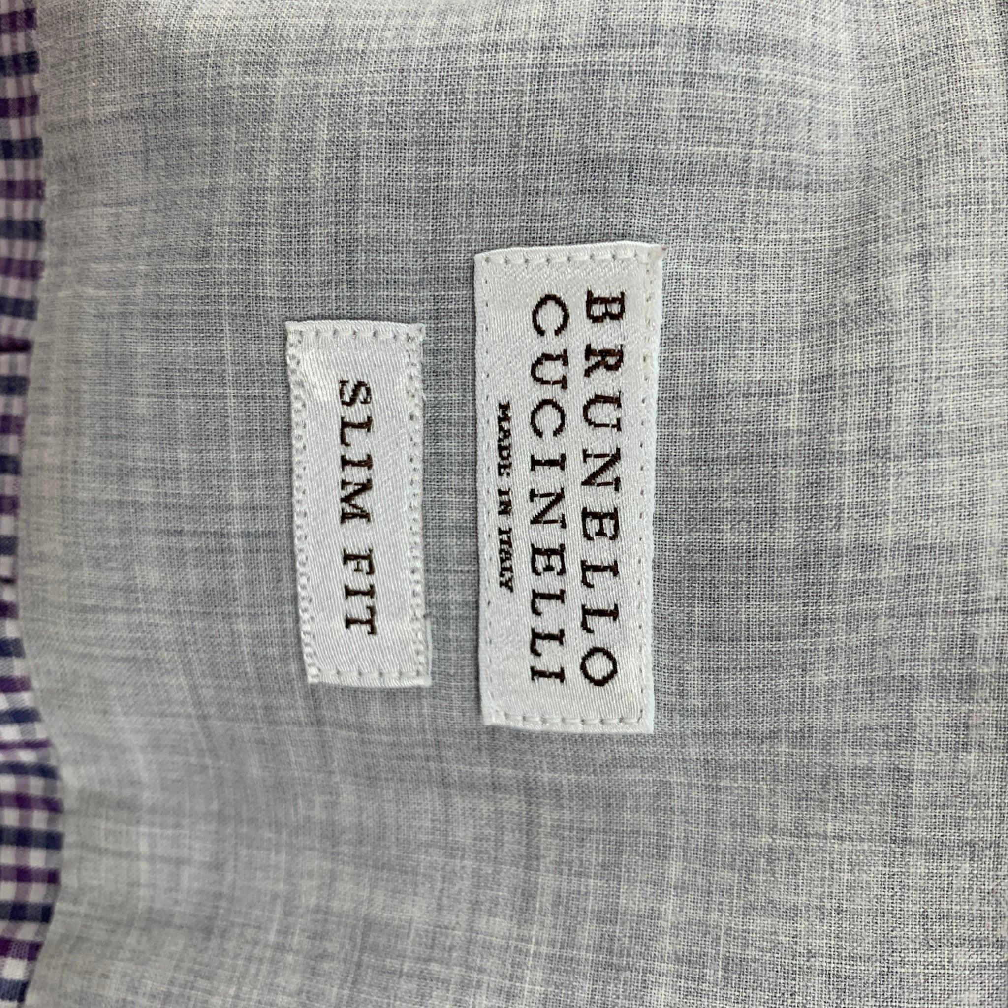 BRUNELLO CUCINELLI Size S Navy Purple Checkered Cotton Long Sleeve Shirt For Sale 1