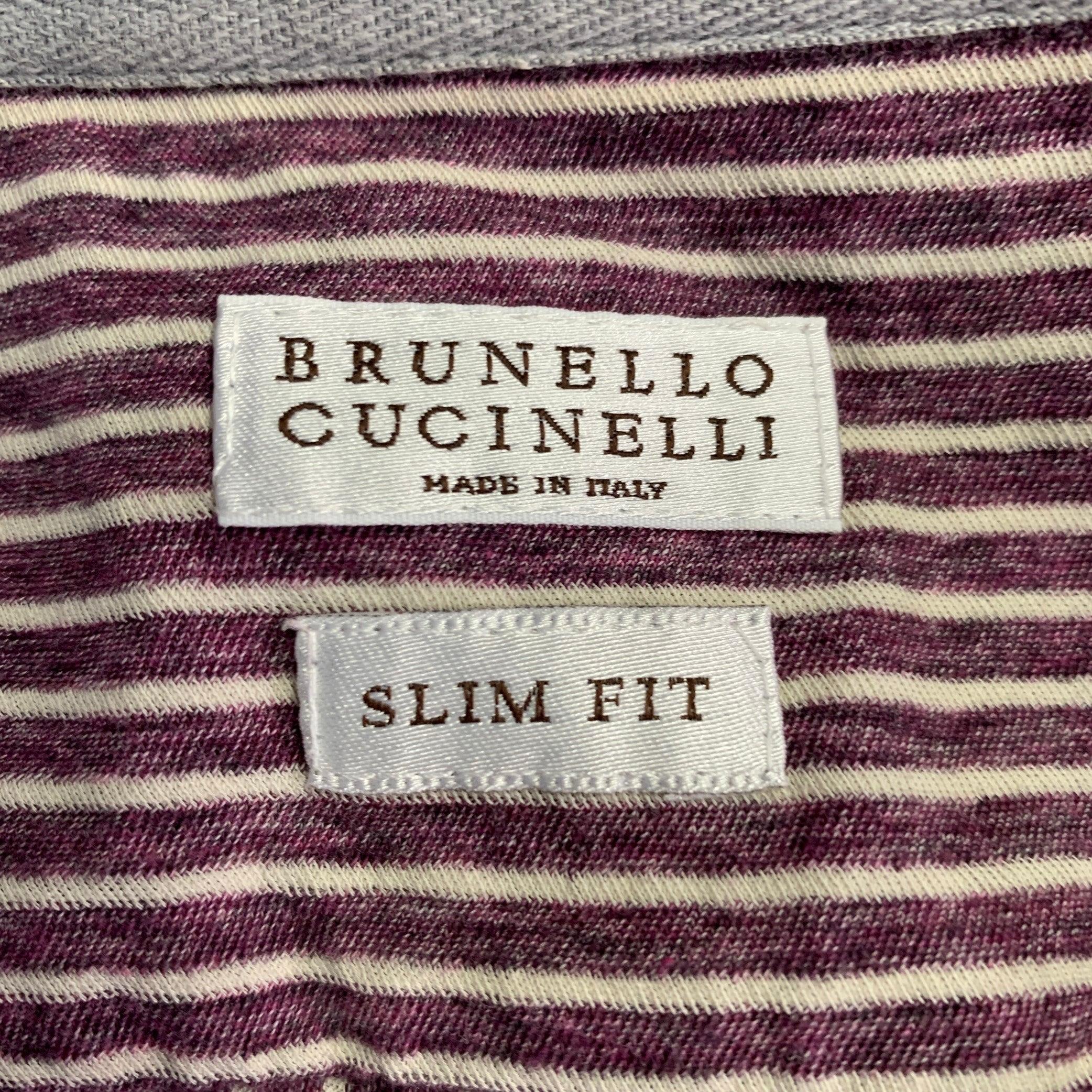 BRUNELLO CUCINELLI Größe S Lila Weiß Gestreift Baumwolle Spreizkragen Langarmhemd im Angebot 1