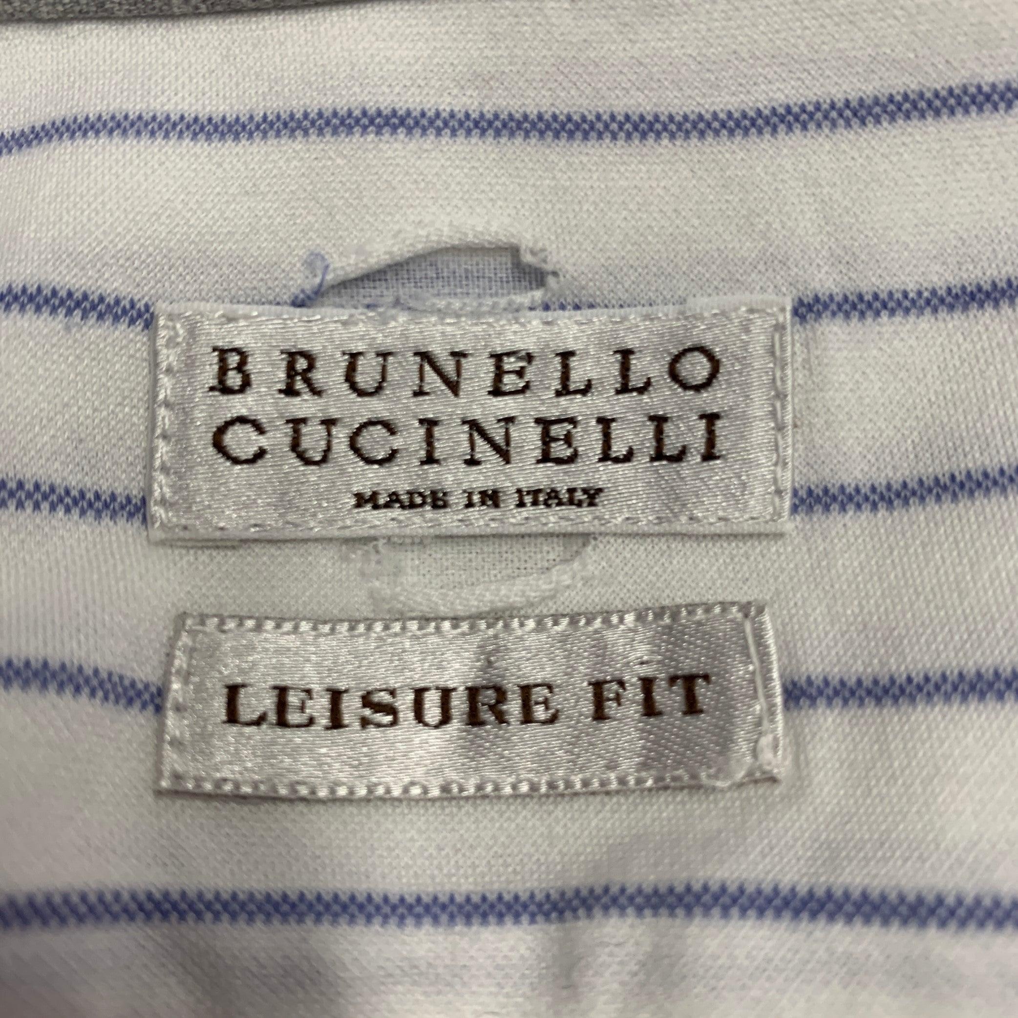 BRUNELLO CUCINELLI Größe S Weiß Blau Nadelstreifen Baumwolle Freizeitkleidung Langarmhemd im Angebot 2