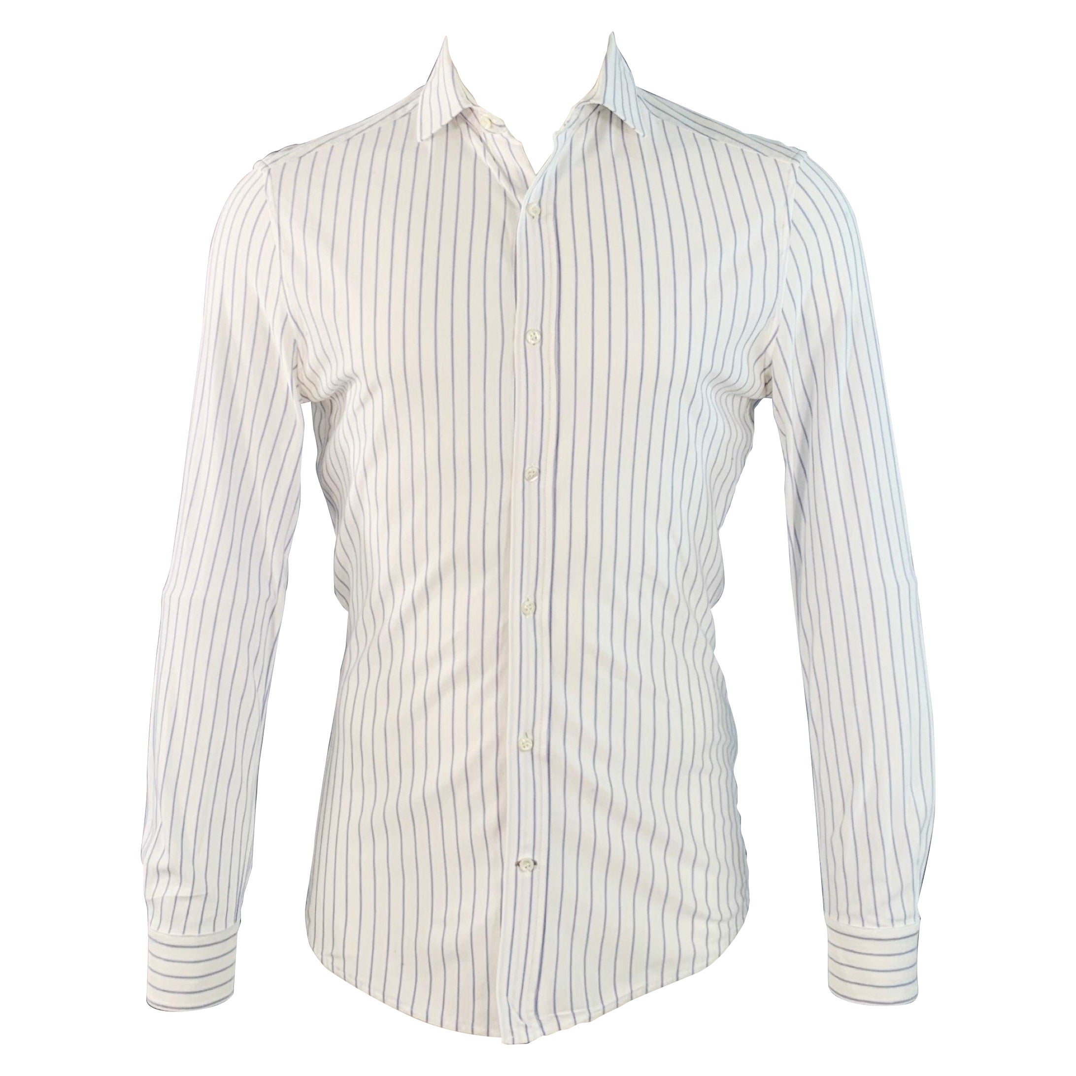 BRUNELLO CUCINELLI Größe S Weiß Blau Nadelstreifen Baumwolle Freizeitkleidung Langarmhemd im Angebot