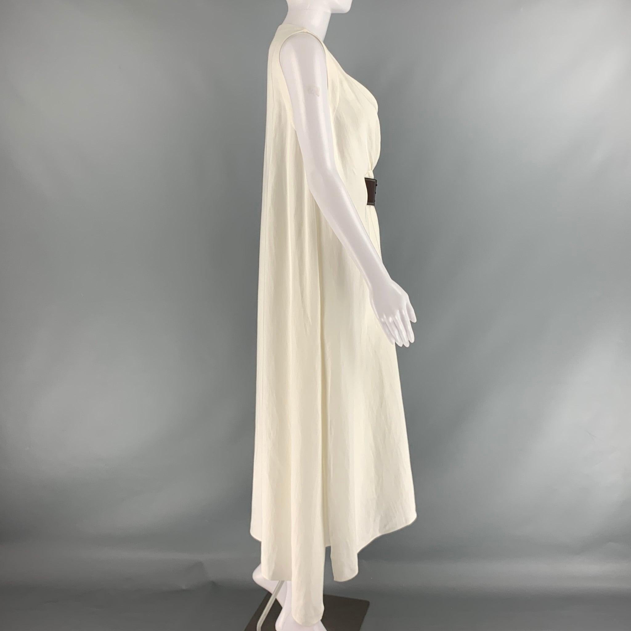 BRUNELLO CUCINELLI Size S White Brown Viscose Linen Belted Dress In Good Condition For Sale In San Francisco, CA