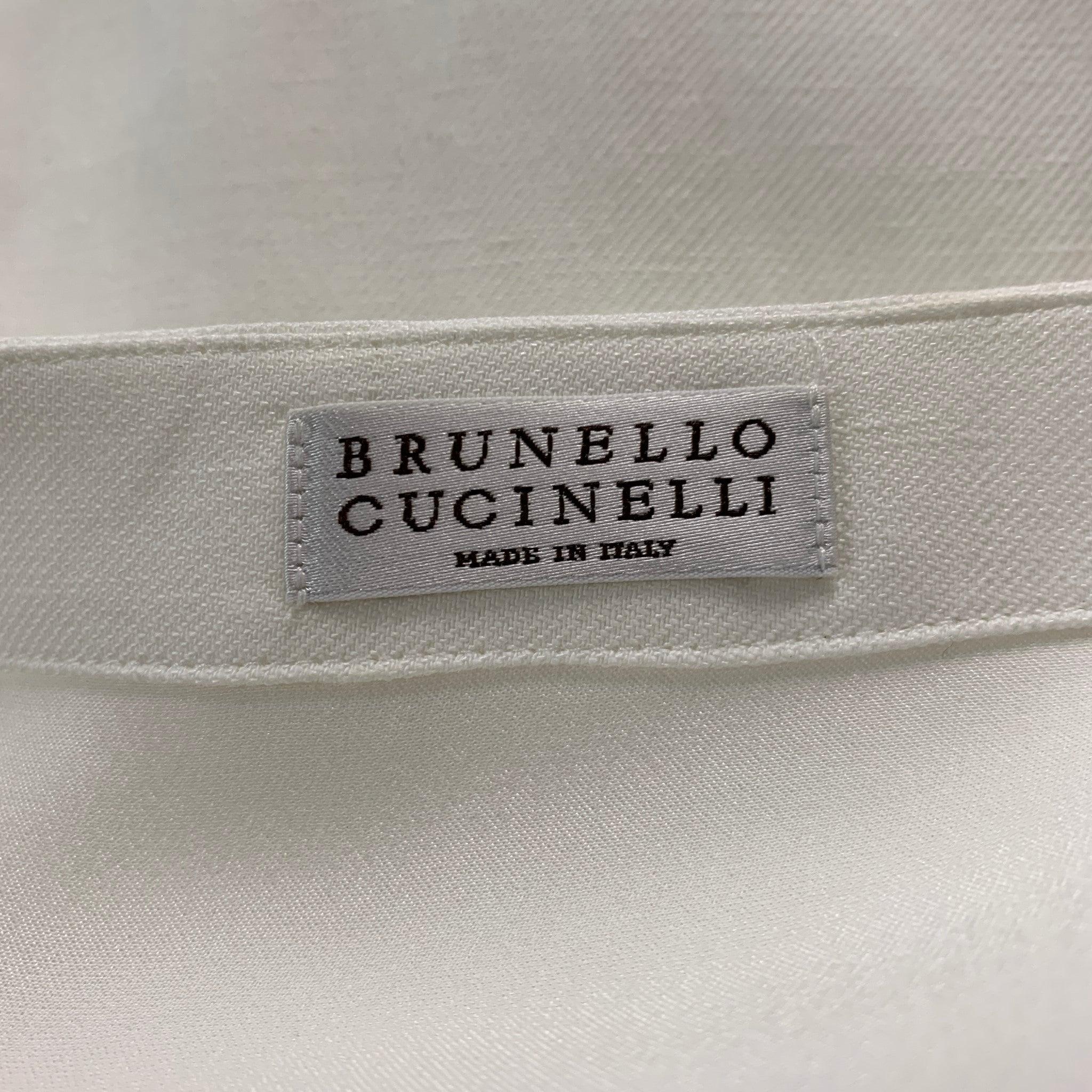 BRUNELLO CUCINELLI Size S White Brown Viscose Linen Belted Dress For Sale 1