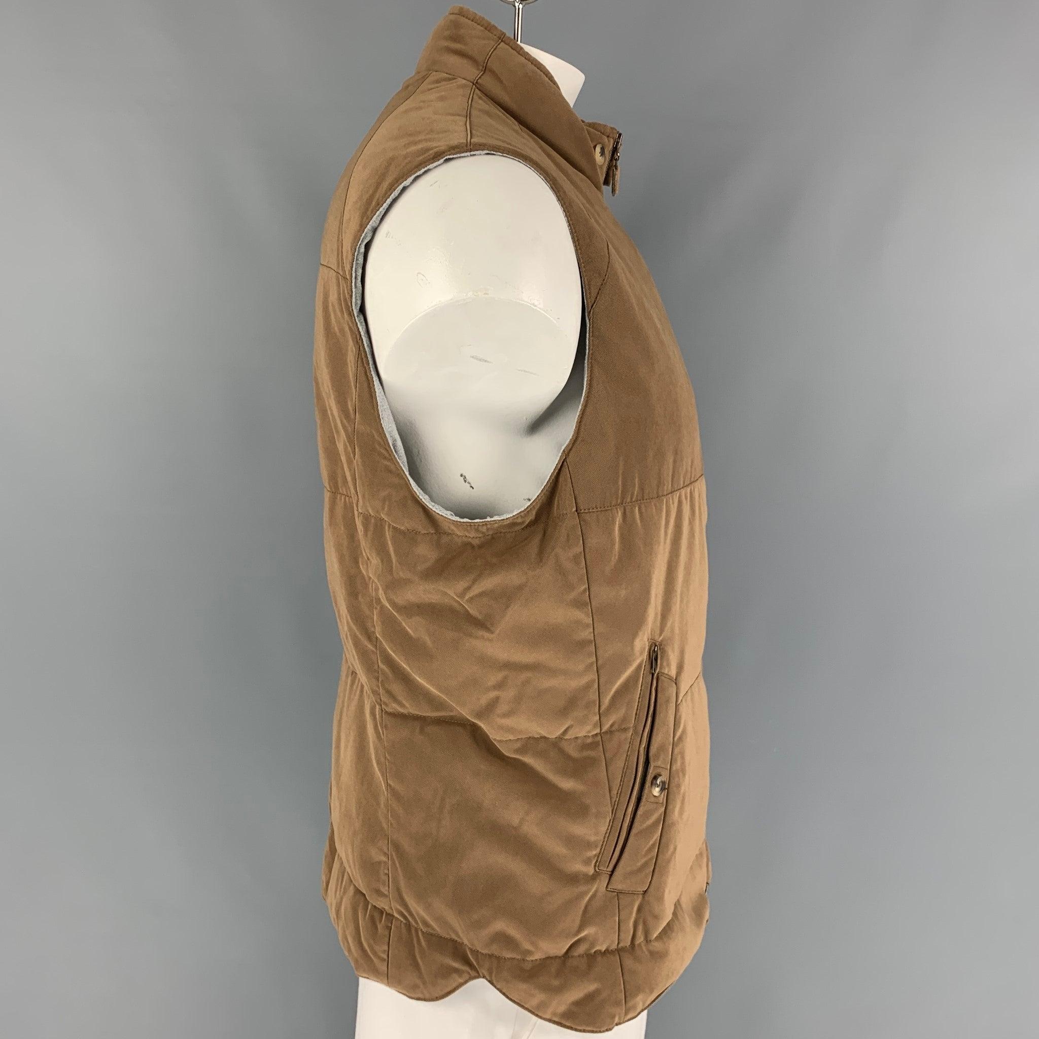 BRUNELLO CUCINELLI vest comes in a brown quilted wool / cashmere featuring a buttoned collar, front pockets, and a zip up closure. Made in Italy. Excellent Pre-Owned Condition. 

Marked:   XL 

Measurements: 
 
Shoulder: 19 inches  Chest: 48 inches 