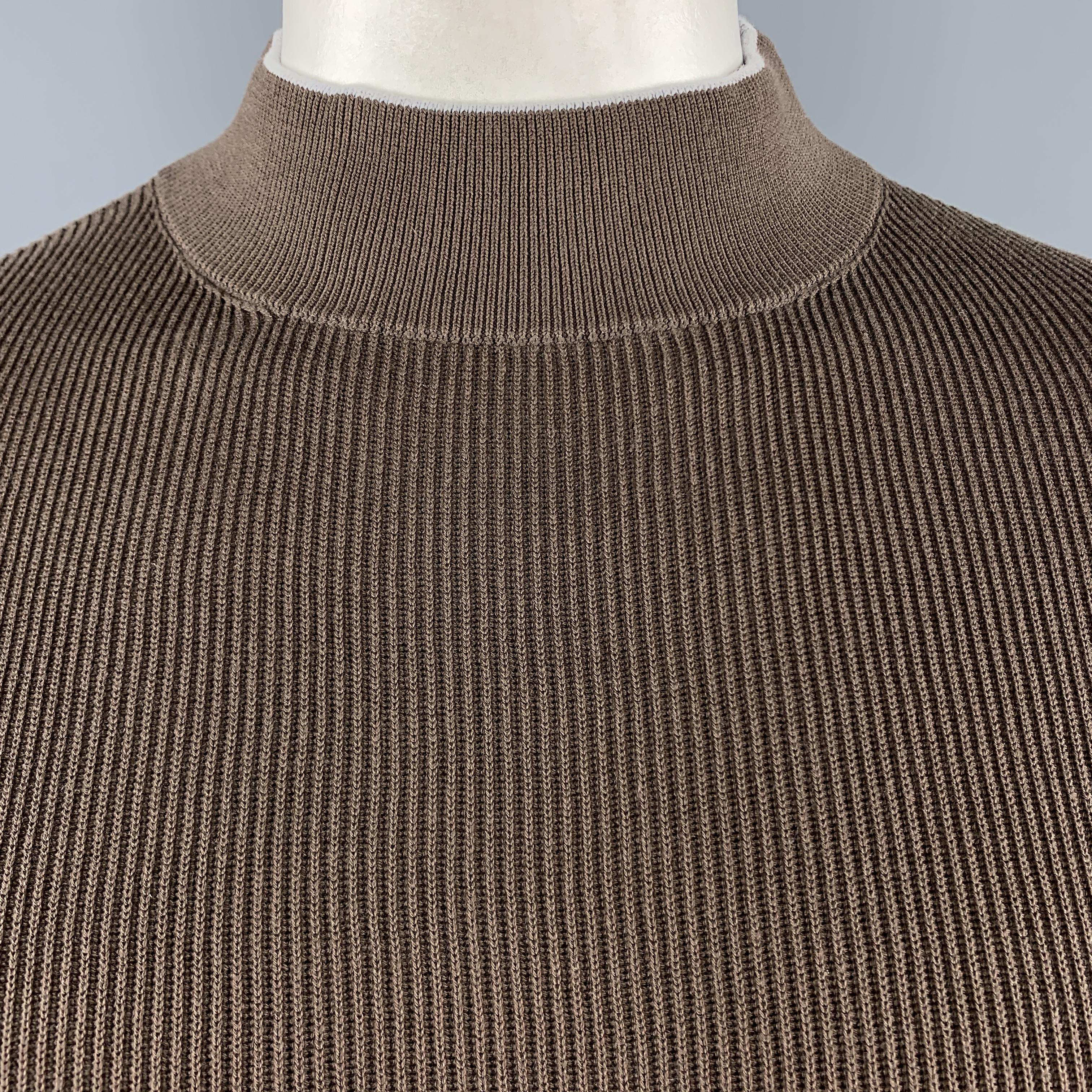 BRUNELLO CUCINELLI pullover comes in brown cotton ribbed knit with a high mock neck collar trimmed with a gray stripe. Made in Italy.

New with Tags. 
Marked: IT 54

Measurements:

Shoulder: 18 in.
Chest: 46 in.
Sleeve: 31 in.
Length: 32 in. 