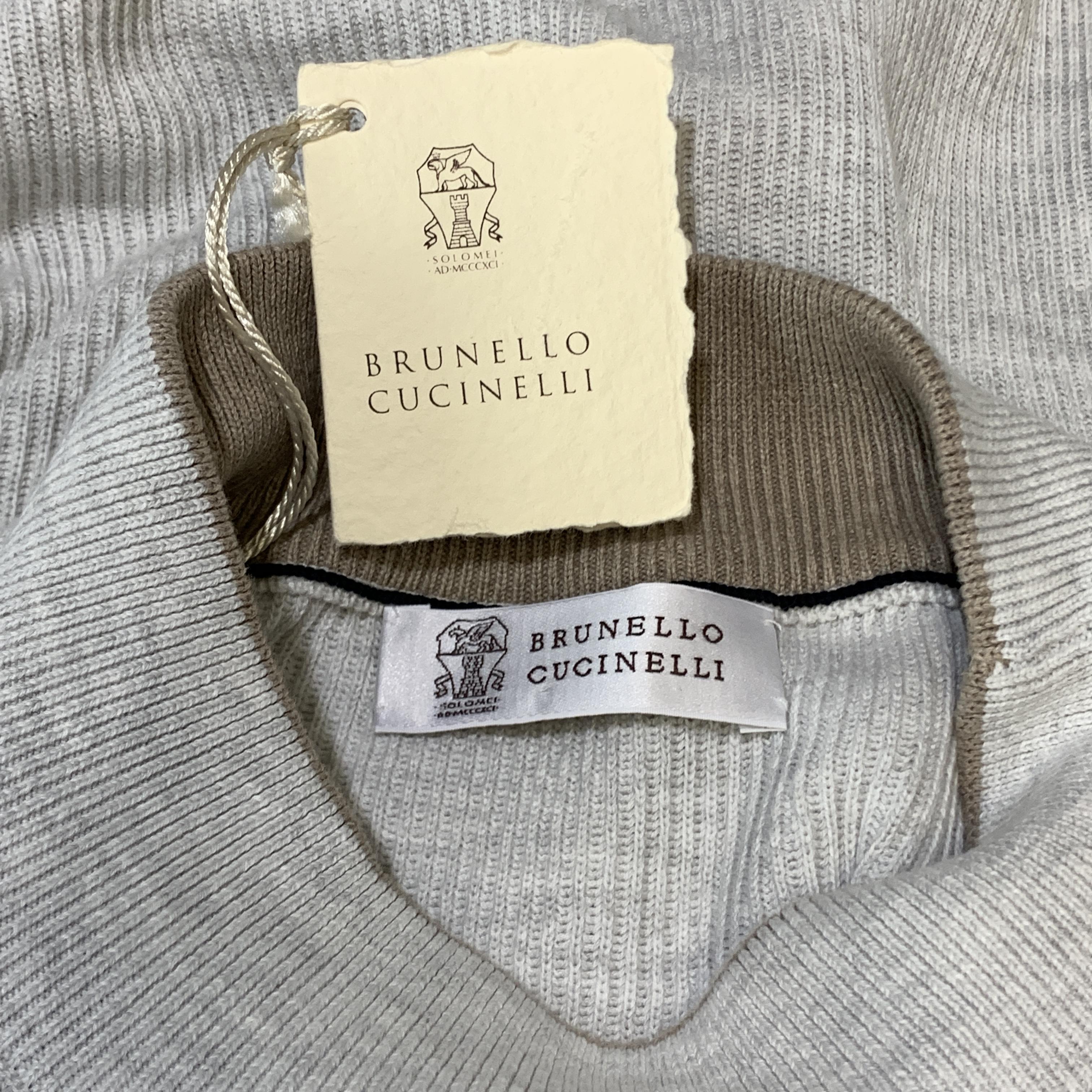 BRUNELLO CUCINELLI Size XL Light Grey Ribbed Knit Cotton High Mock Collar Pullov 1