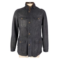 BRUNELLO CUCINELLI Size XL Navy Leather Zip & Buttons Jacket