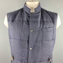 BRUNELLO CUCINELLI Size XL Navy Quilted Linen Snaps Vest