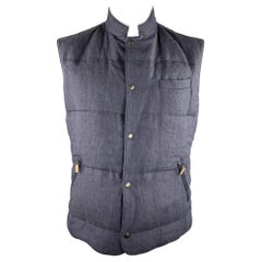 BRUNELLO CUCINELLI Size XL Navy Quilted Linen Snaps Vest