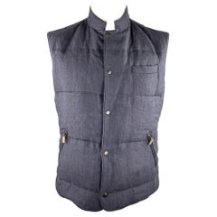 BRUNELLO CUCINELLI Size XL Navy Quilted Linen Snaps Vest