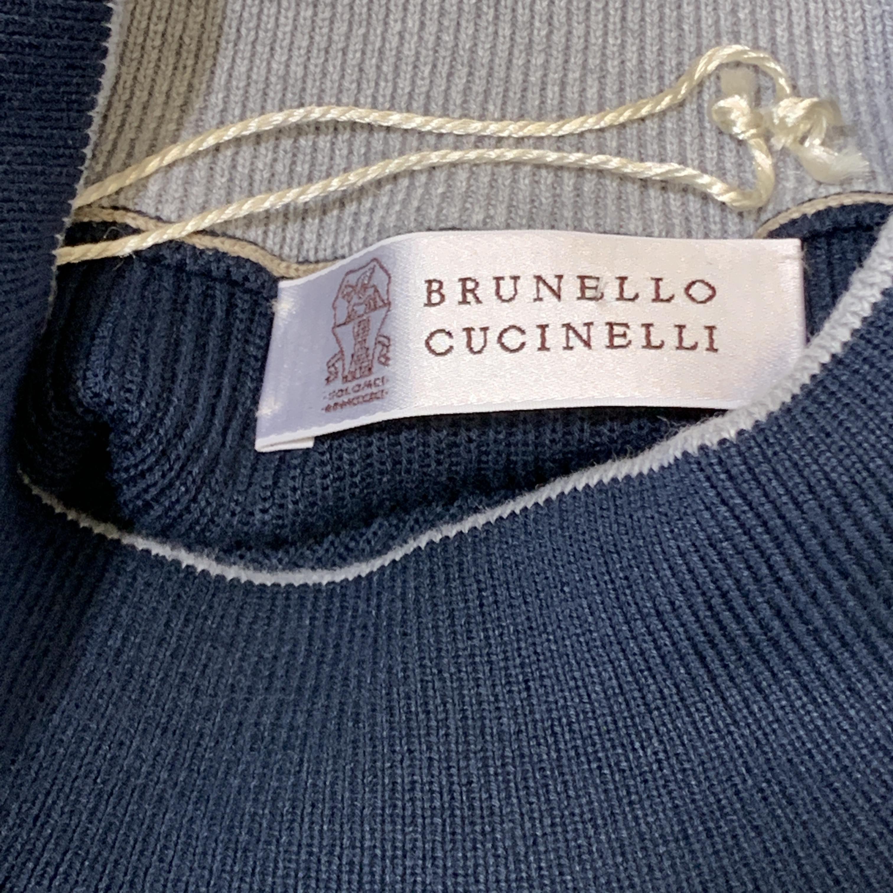 Men's BRUNELLO CUCINELLI Size XL Navy Ribbed Knit Cotton High Mock Neck Collar Pullove