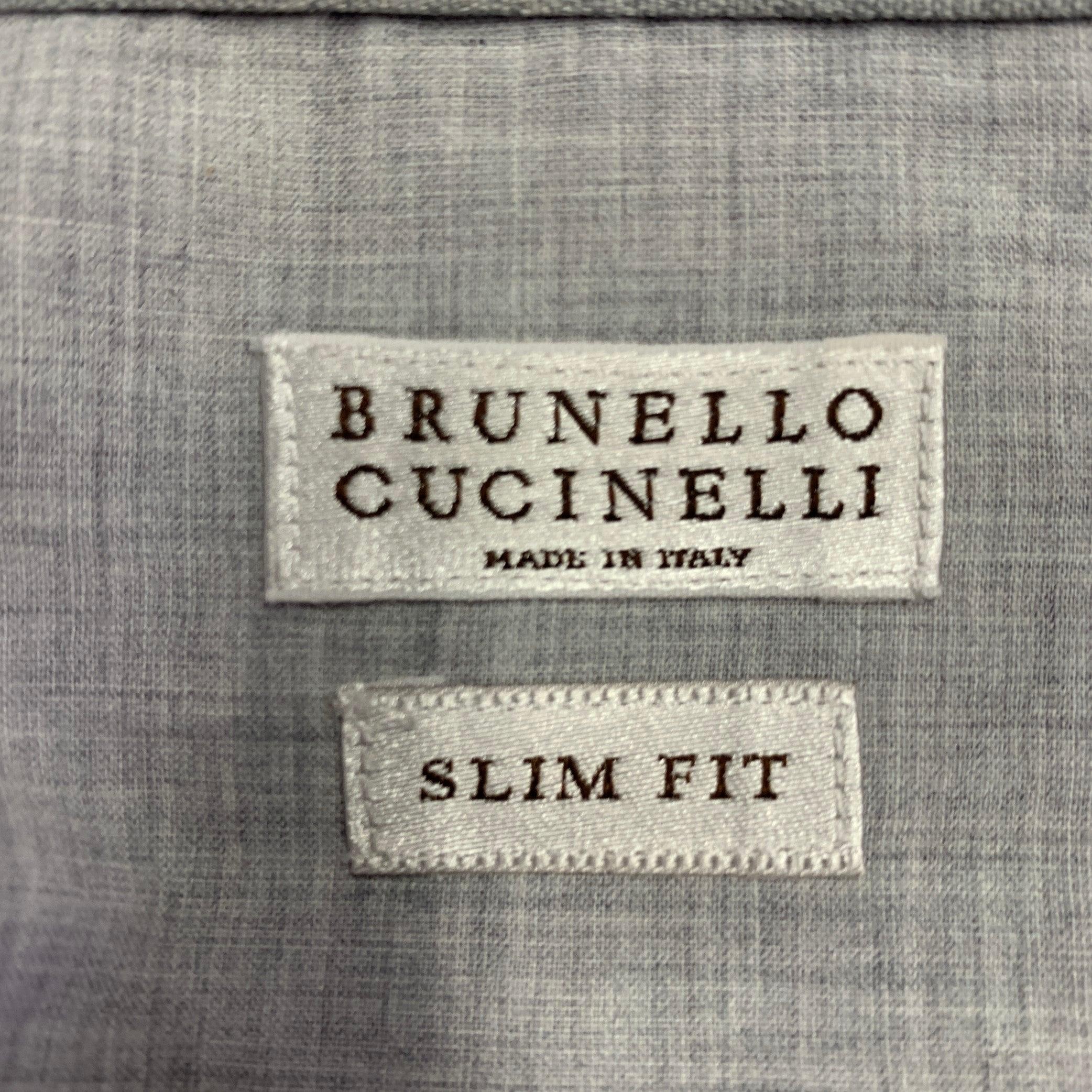 BRUNELLO CUCINELLI Taglia XL Camicia a maniche lunghe in cotone a scacchi bianco e viola in vendita 1