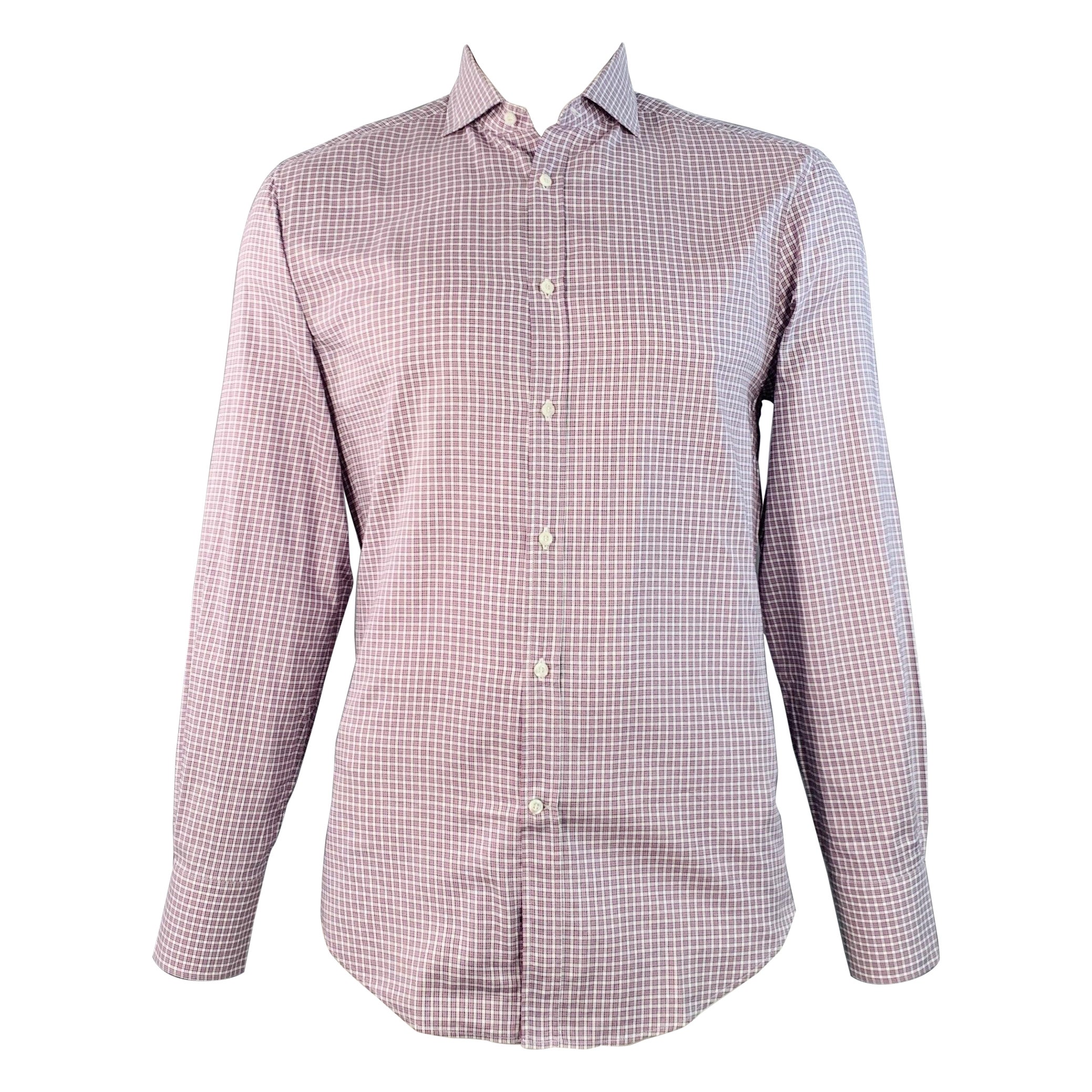 BRUNELLO CUCINELLI Taglia XL Camicia a maniche lunghe in cotone a scacchi bianco e viola in vendita