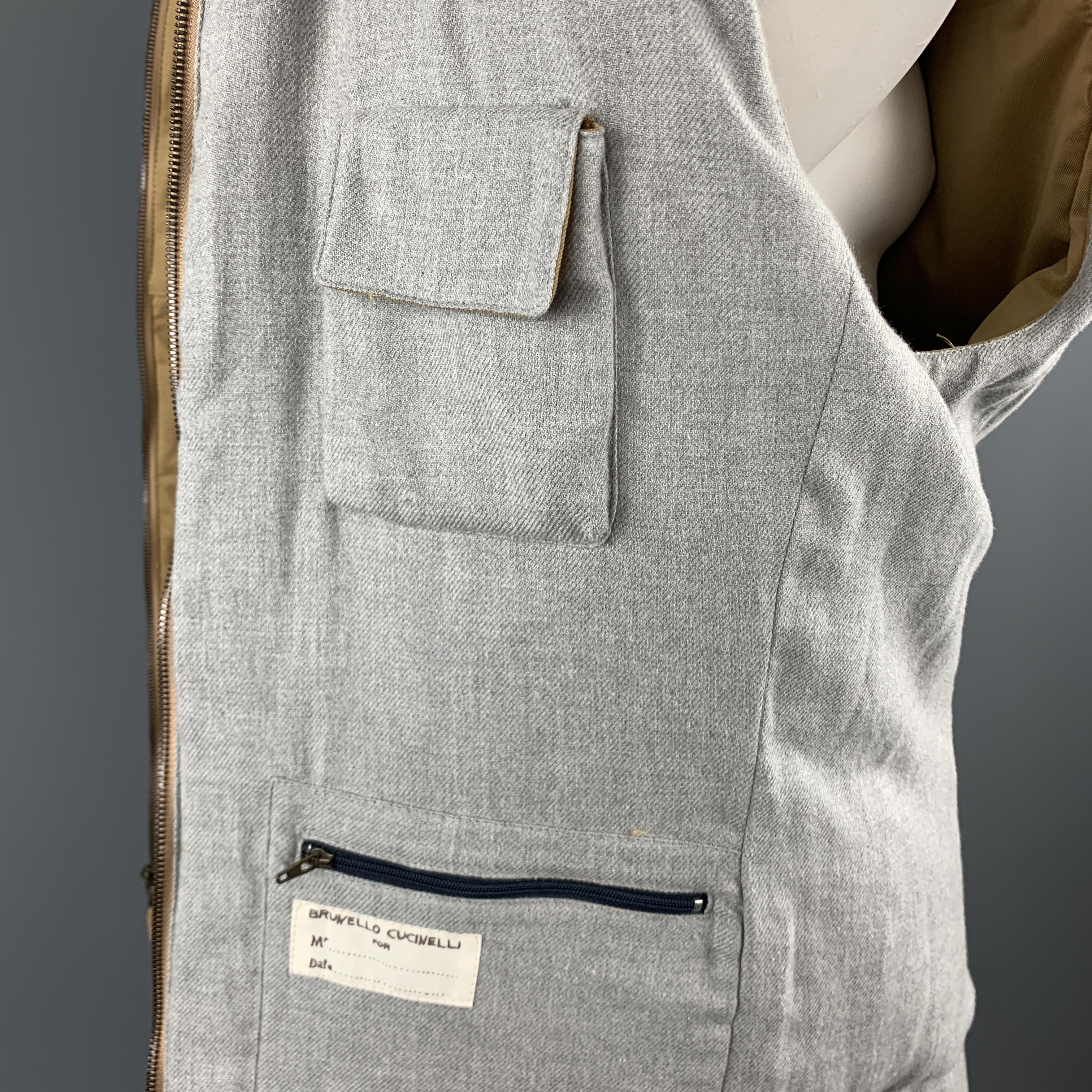 BRUNELLO CUCINELLI Size XLQuilted Khaki Twill Zip Up Puff Vest 1