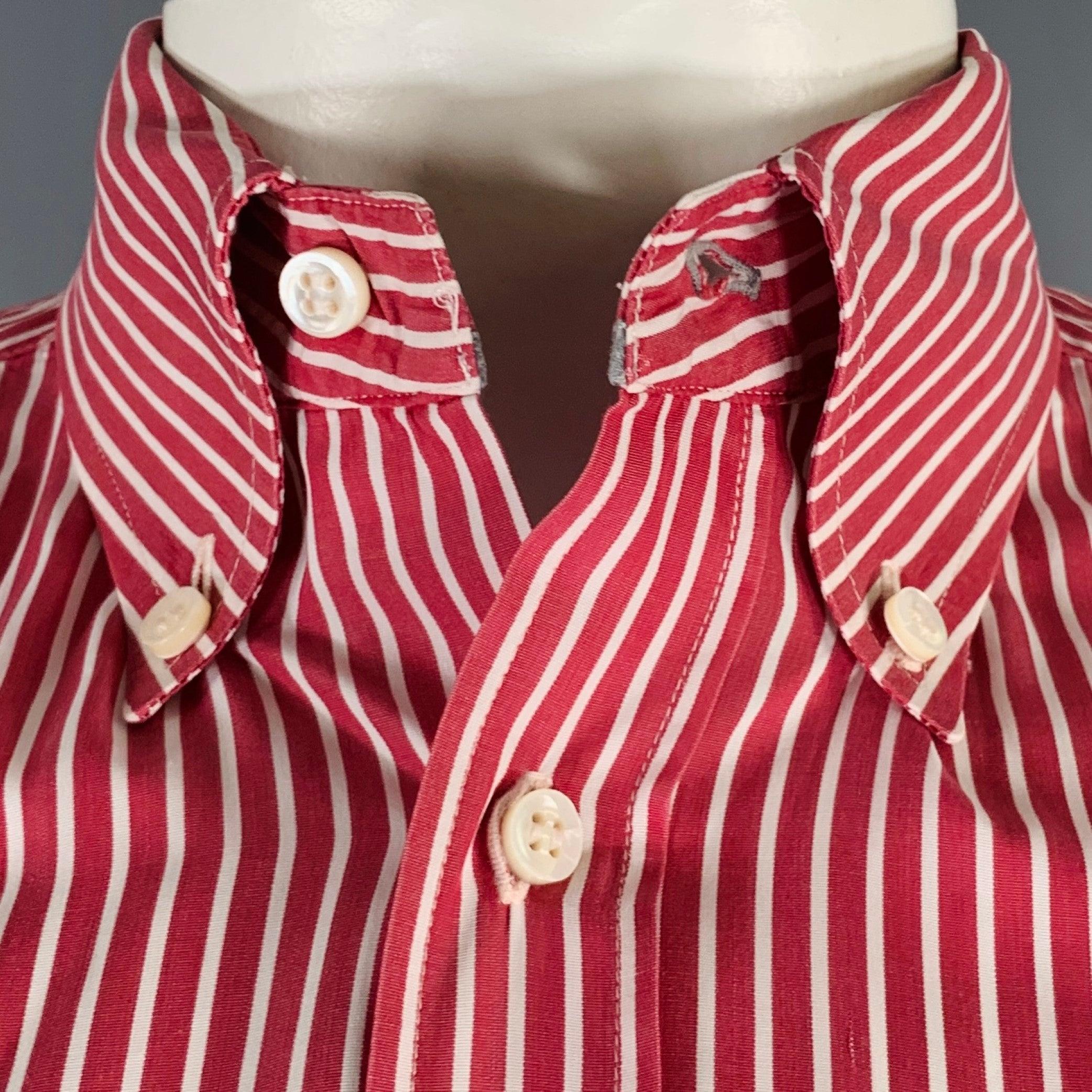 BRUNELLO CUCINELLI
long sleeve shirt in a burgundy and white cotton woven fabric featuring a stripe pattern, button down collar, one pocket, and button closure. Made in Italy.Excellent Pre-Owned Condition. 

Marked:   XXL 

Measurements: 
