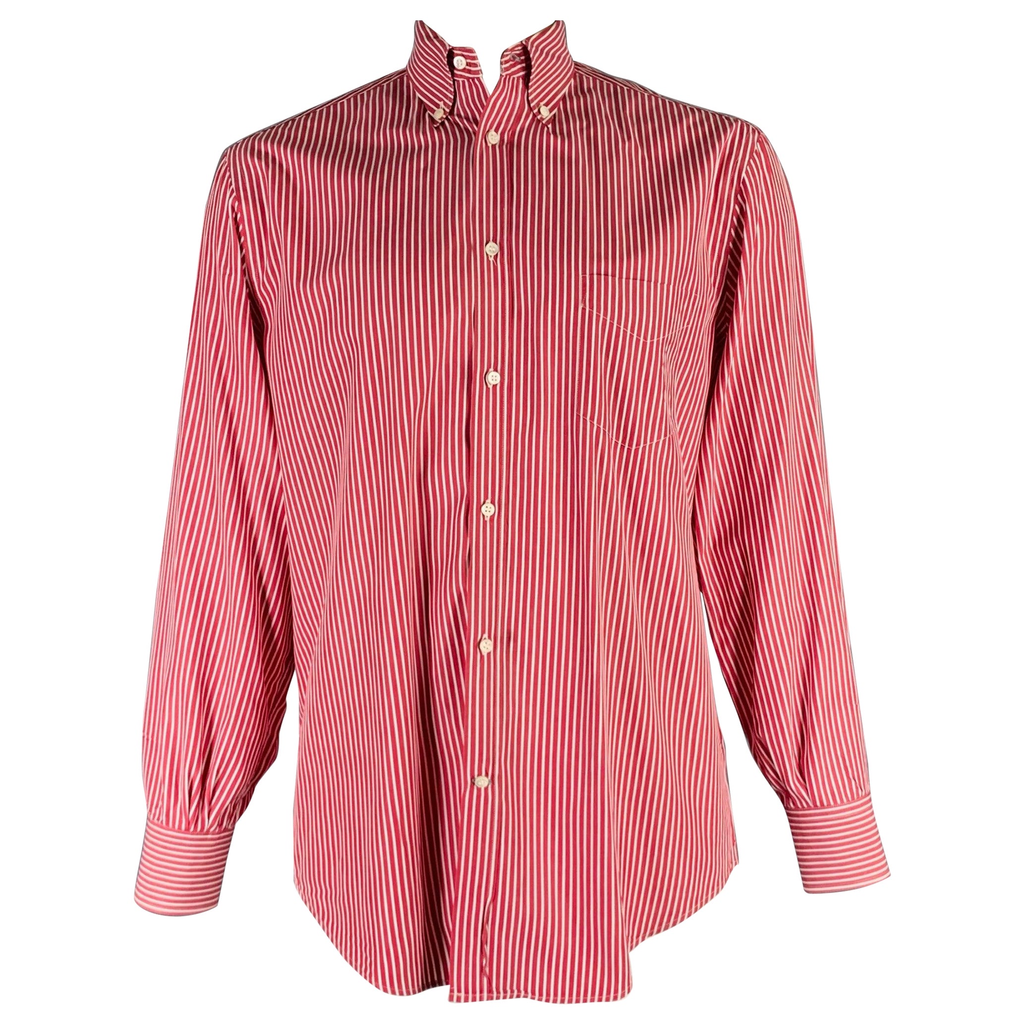 BRUNELLO CUCINELLI Talla XXL Camisa de manga larga de algodón a rayas blanco burdeos