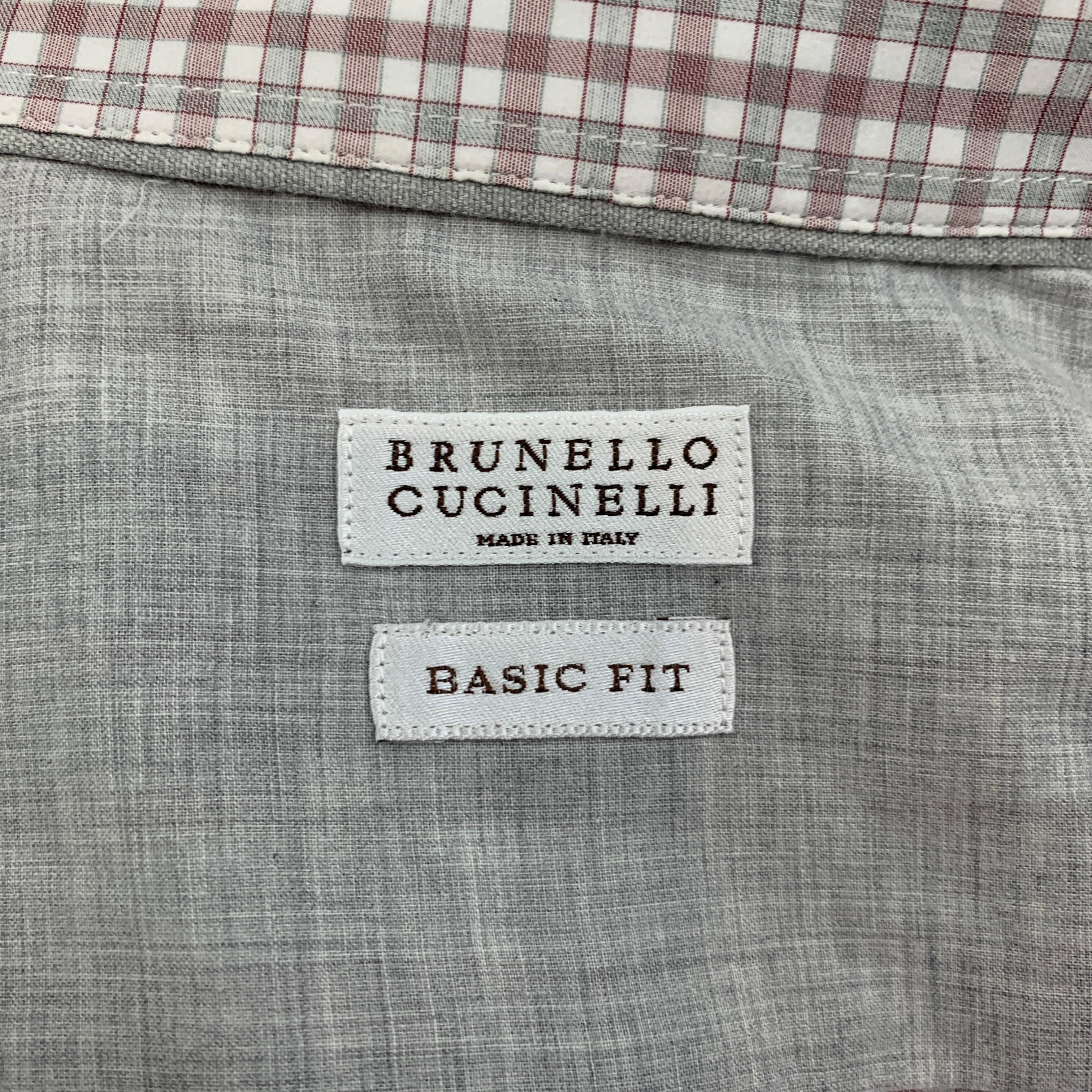 Men's BRUNELLO CUCINELLI Size XXL White & Grey Plaid Cotton Long Sleeve Shirt