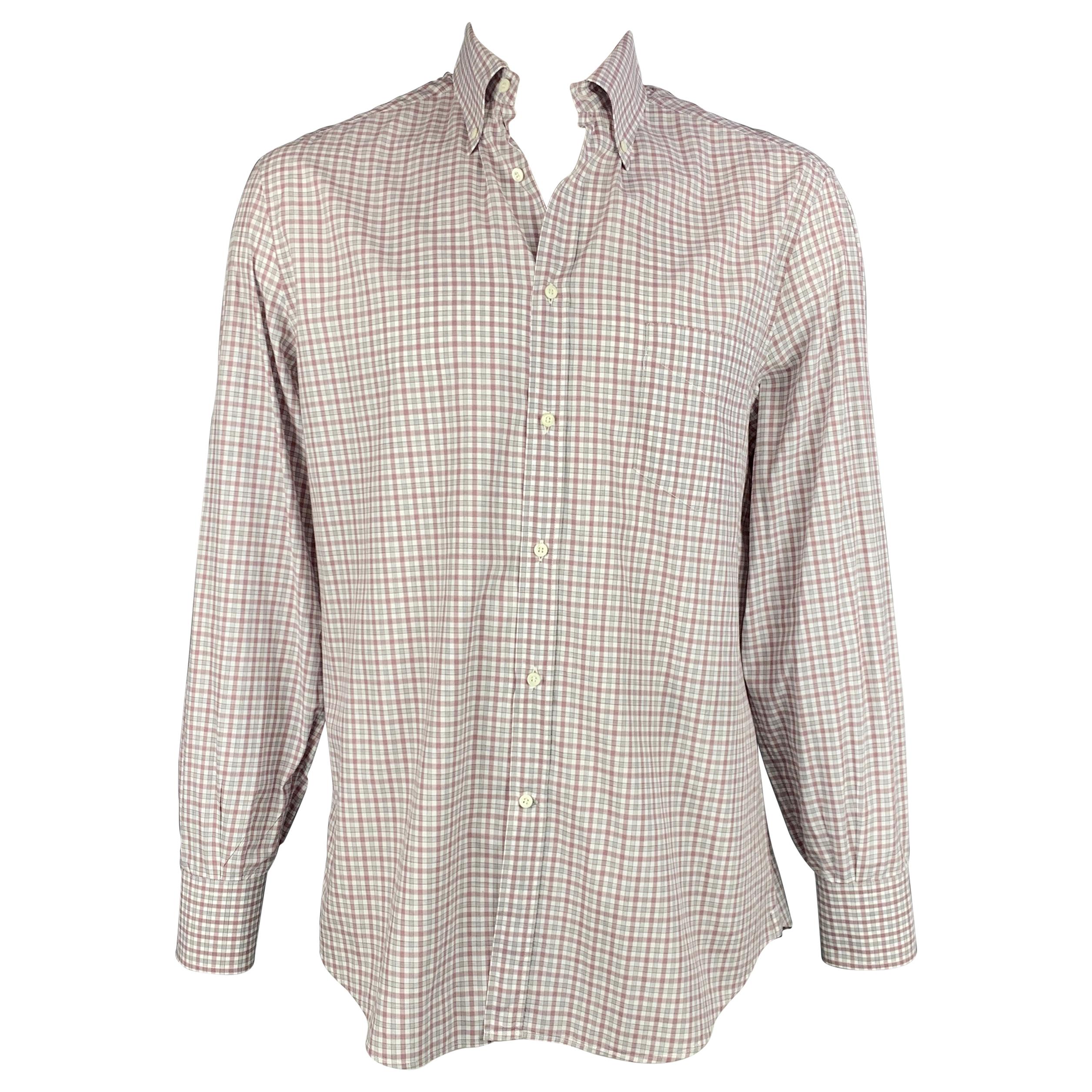 BRUNELLO CUCINELLI Size XXL White & Grey Plaid Cotton Long Sleeve Shirt
