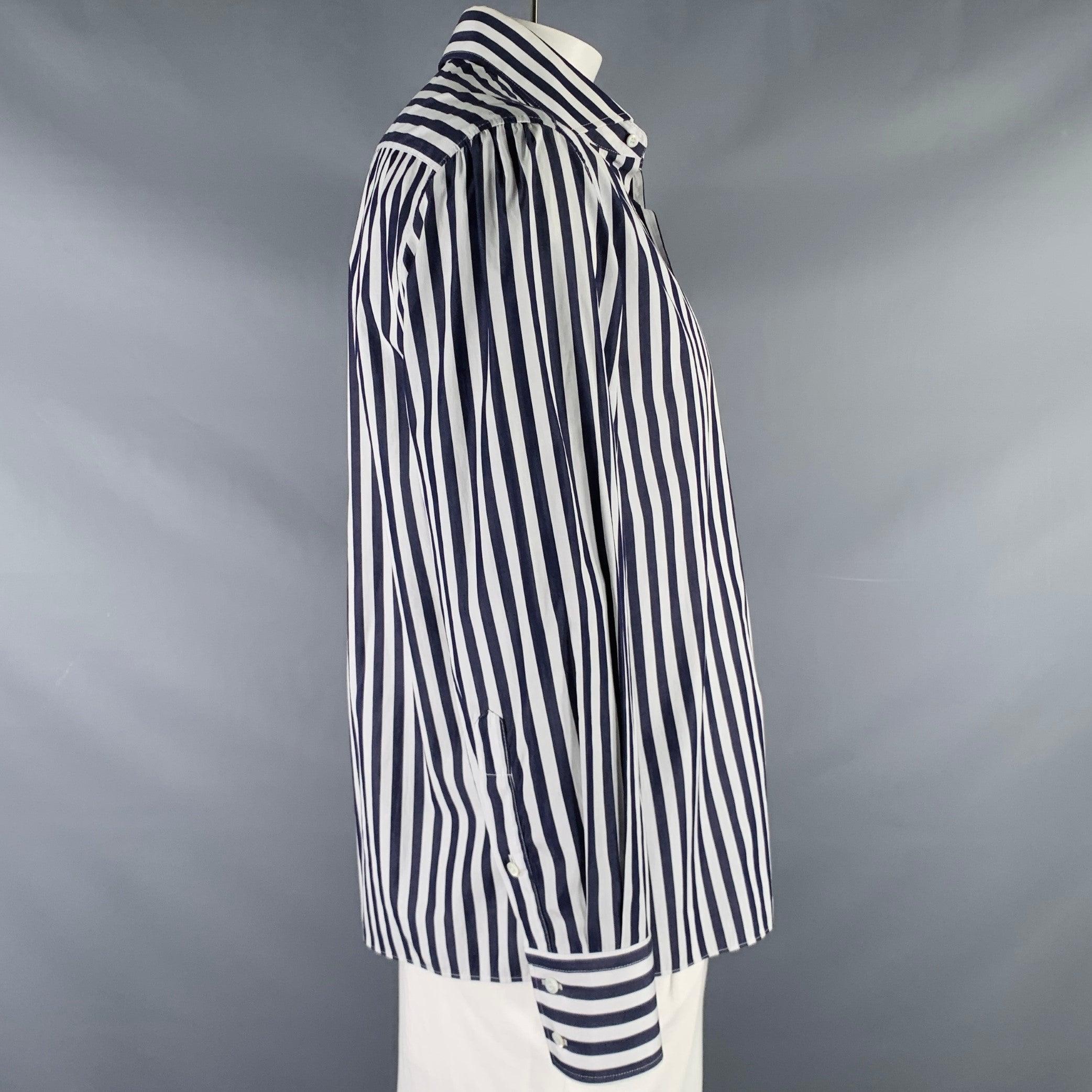 BRUNELLO CUCINELLI long sleeve shirt
in a navy and white cotton woven fabric featuring a vertical stripe pattern, cutaway collar, and button closure. Made in Italy.Excellent Pre-Owned Condition. 

Marked:   XXXL  

Measurements: 
 
Shoulder: 18