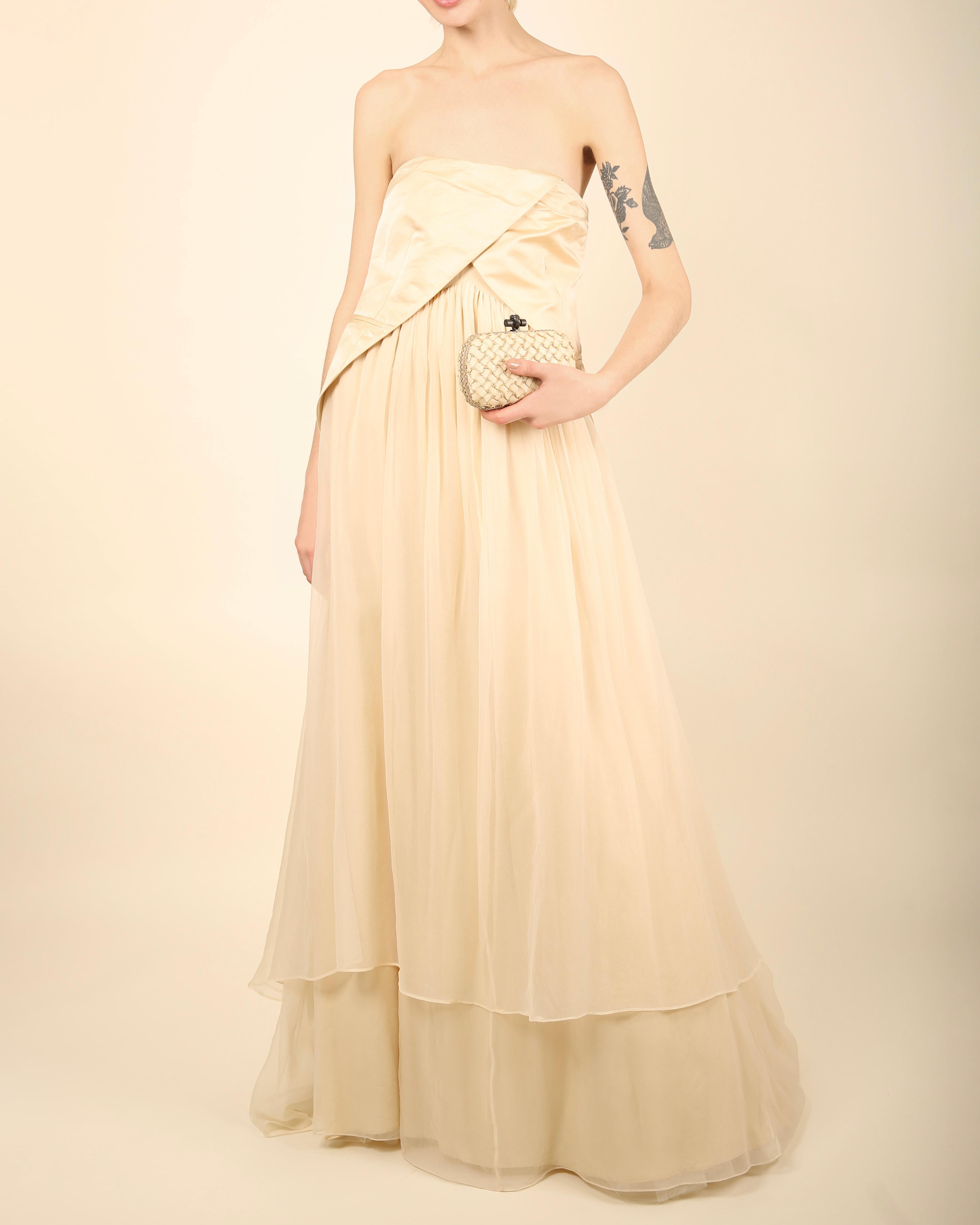 Beige Brunello Cucinelli strapless cream silk chiffon layered wedding gown dress M For Sale