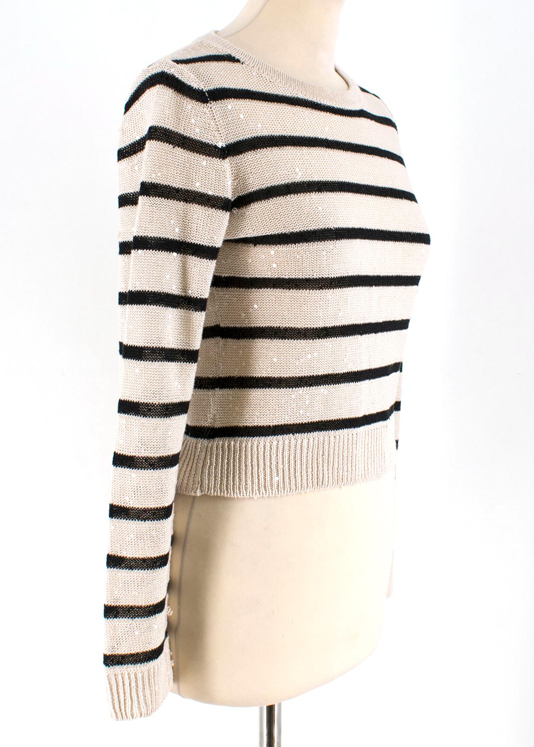 Brunello Cucinelli Striped Embellished Linen Knit Top

- Beige and Black knit short
- Long sleeve
- Lightweight
- Clear sequin embellished
- Round neck 

Please note, these items are pre-owned and may show some signs of storage, even when unworn and