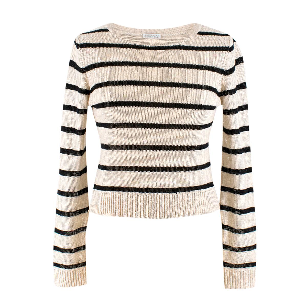 Brunello Cucinelli Striped Embellished Linen Knit Top XS