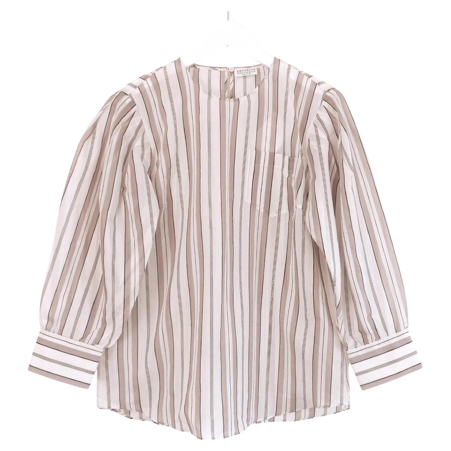 Brunello Cucinelli Striped Puffed Sleeve Blouse For Sale