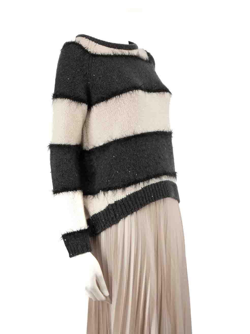 CONDITION is Very good. Hardly any visible wear to jumper is evident on this used Brunello Cucinelli designer resale item.
 
 
 
 Details
 
 
 Multicolour - Grey and cream
 
 Cashmere
 
 Long sleeves jumper
 
 Striped pattern
 
 Sequin accent
 
