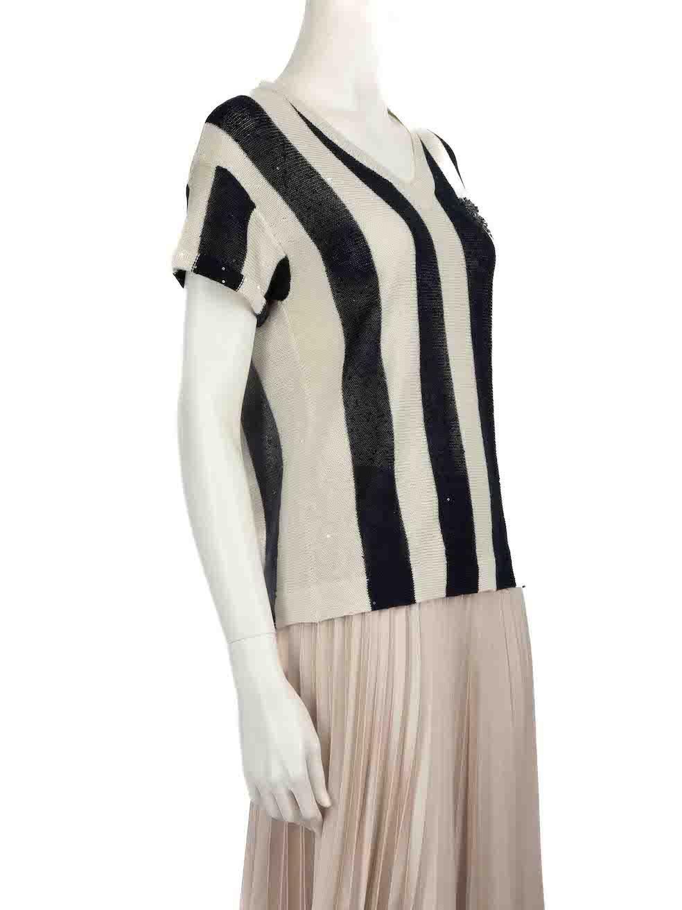 CONDITION is Very good. Hardly any visible wear to top is evident on this used Brunello Cucinelli designer resale item.
 
 
 
 Details
 
 
 Multicolour - ecru and navy
 
 Linen
 
 Knit top
 
 Striped pattern
 
 Sequinned embellished
 
 Short