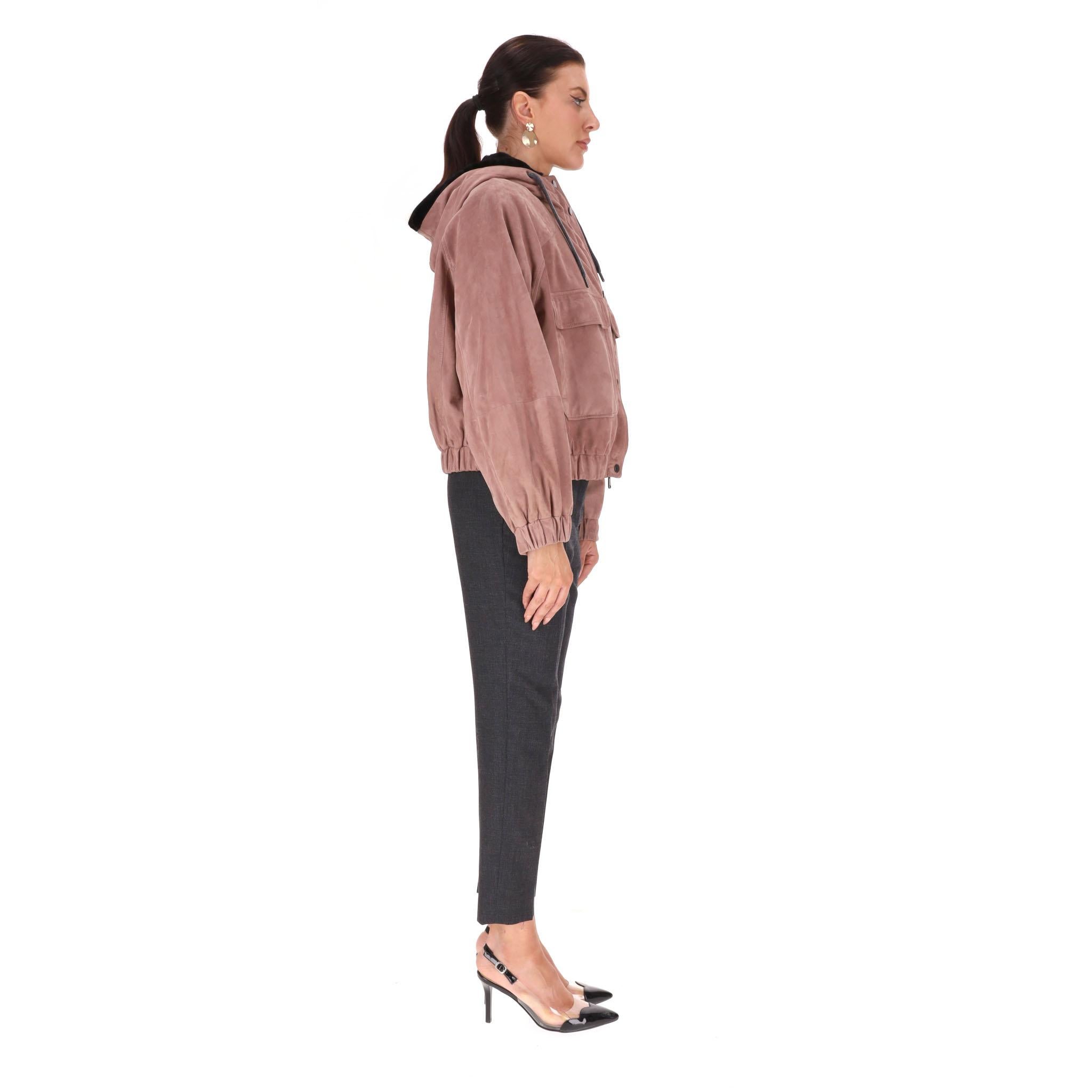 Marrone Brunello Cucinelli Suede Hooded Bomber With Mink Fur Lining in vendita