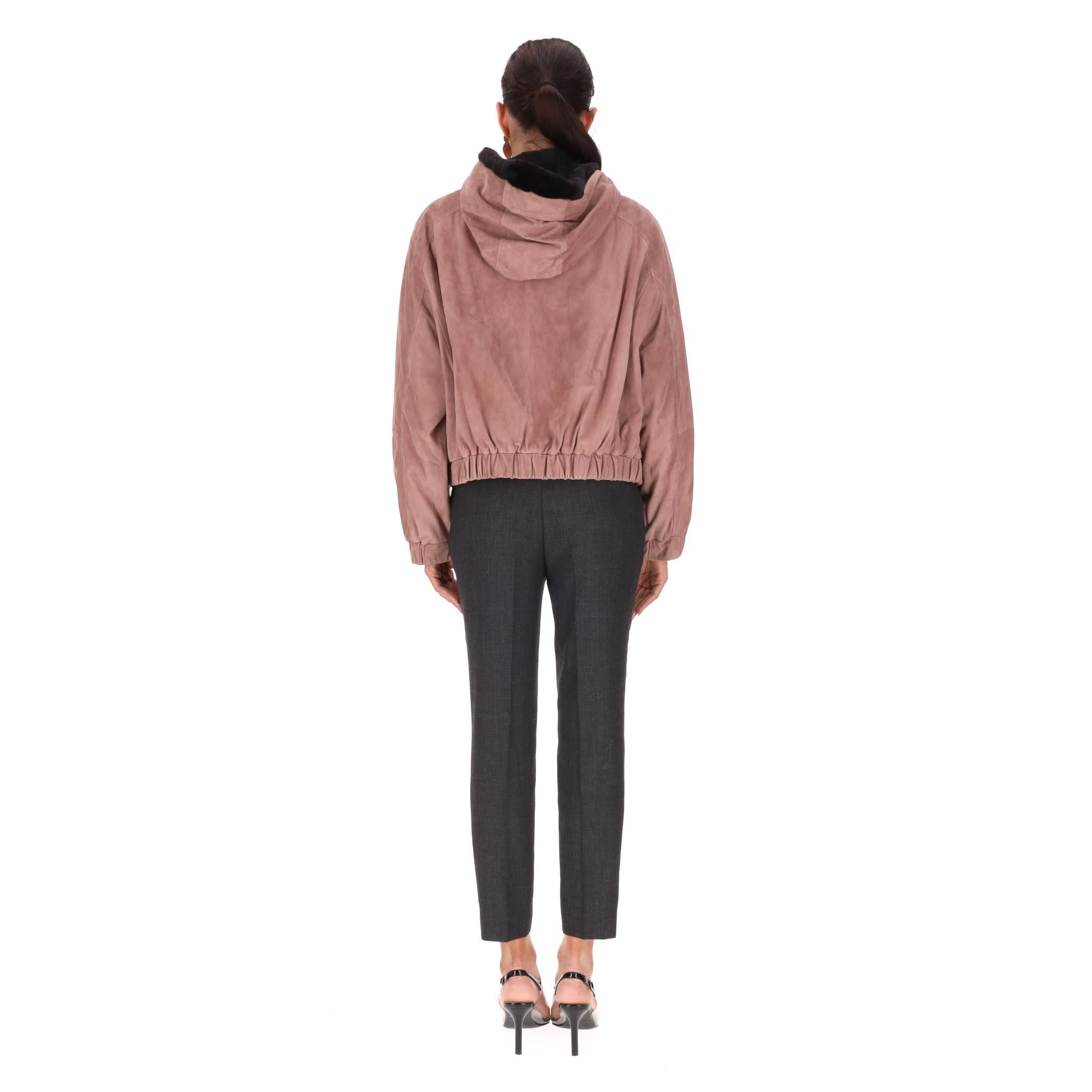 Brunello Cucinelli Suede Hooded Bomber With Mink Fur Lining In condizioni ottime in vendita a London, GB