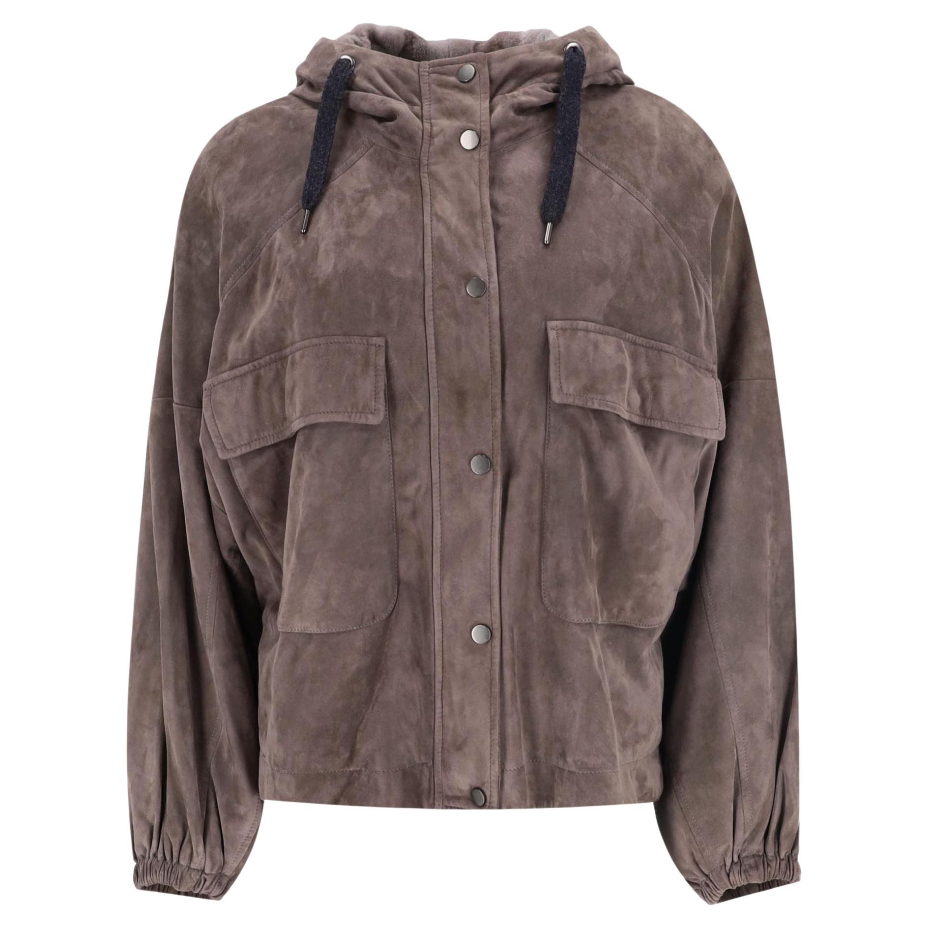 Brunello Cucinelli Suede Hooded Bomber With Mink Fur Lining