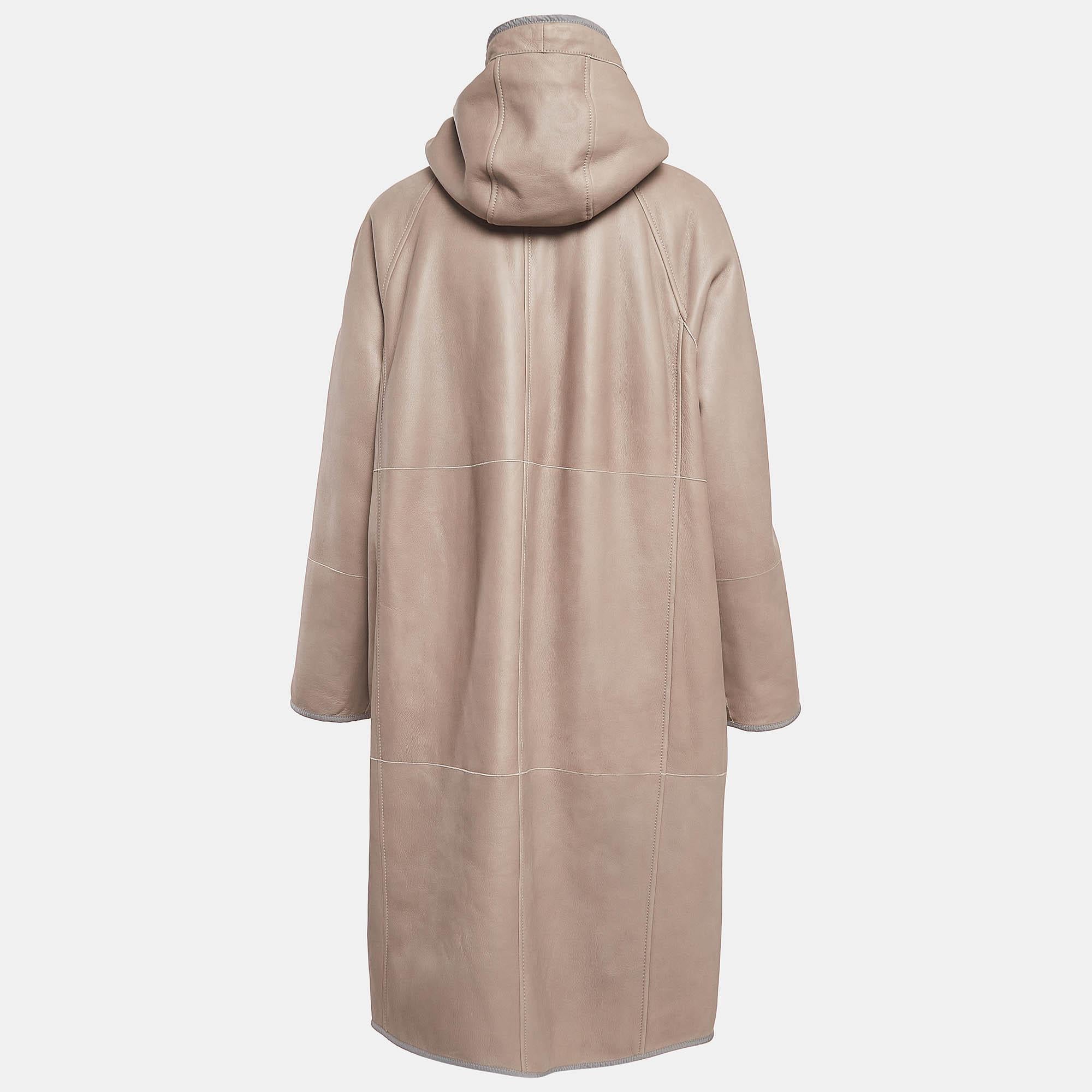 Brown Brunello Cucinelli Tan Reversible Hooded Shearling Coat XL For Sale