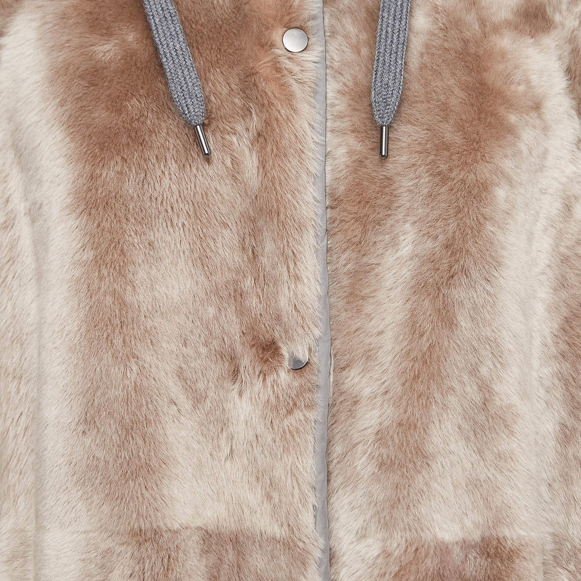 Brunello Cucinelli Tan Reversible Hooded Shearling Coat XL For Sale 1