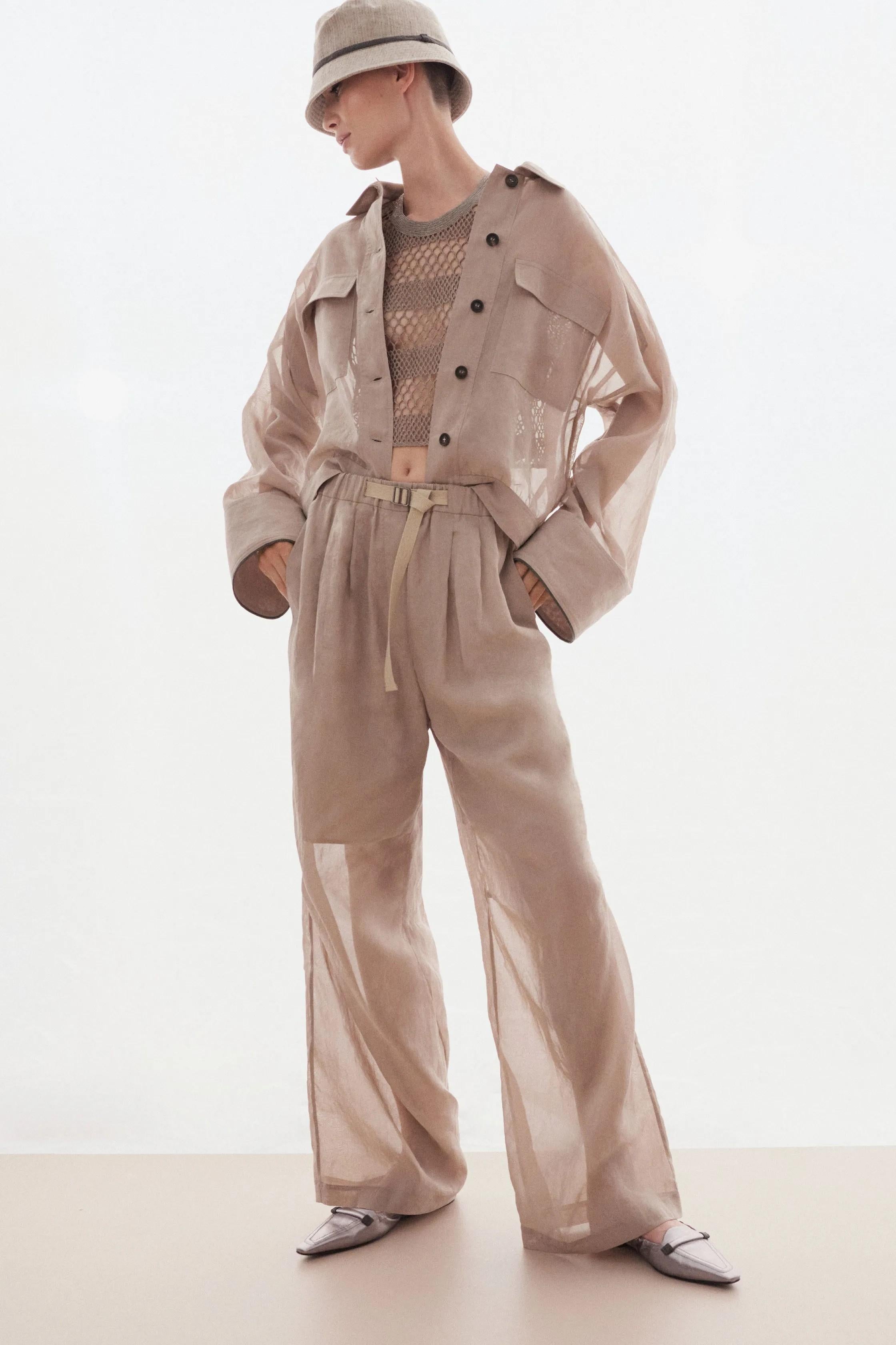 BRUNELLO CUCINELLI algodón topo 2024 PANTALÓN ANCHA ORGANZA CON CINTURÓN 40 S en venta 3