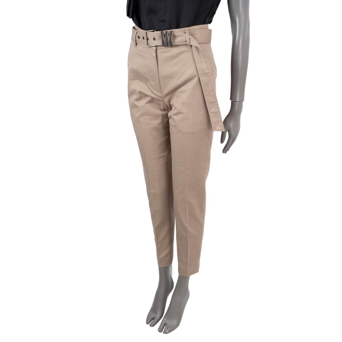 100% authentic Brunello Cucinelli Monili belted cigarette pants in taupe twill cotton (99%) and elastane (1%).  The design features a slim silhouette, slit pockets on the side and and on the back. Have been worn and are in excellent condition.

2014