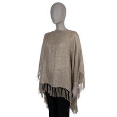 BRUNELLO CUCINELLI taupe & gold linen 2021 FRINGED PONCHO Sweater OS