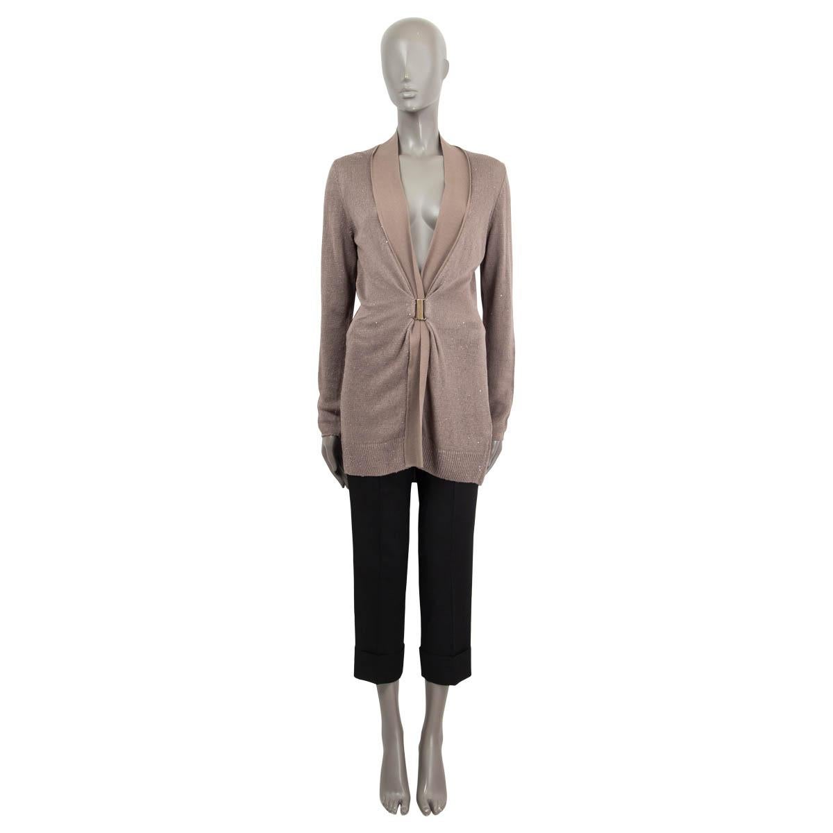 100% authentic Brunello Cucinelle cardigan in taupe linen (75%) and silk (25%) with micro sequins through out. Features a fine knit shawl collar and long cut silhouette. Closes with a hook in antique gold-tone on the front. Brand new with