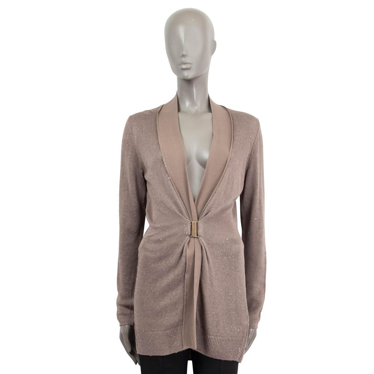 Gray BRUNELLO CUCINELLI taupe linen & silk MICRO SEQUIN Cardigan Sweater XL For Sale