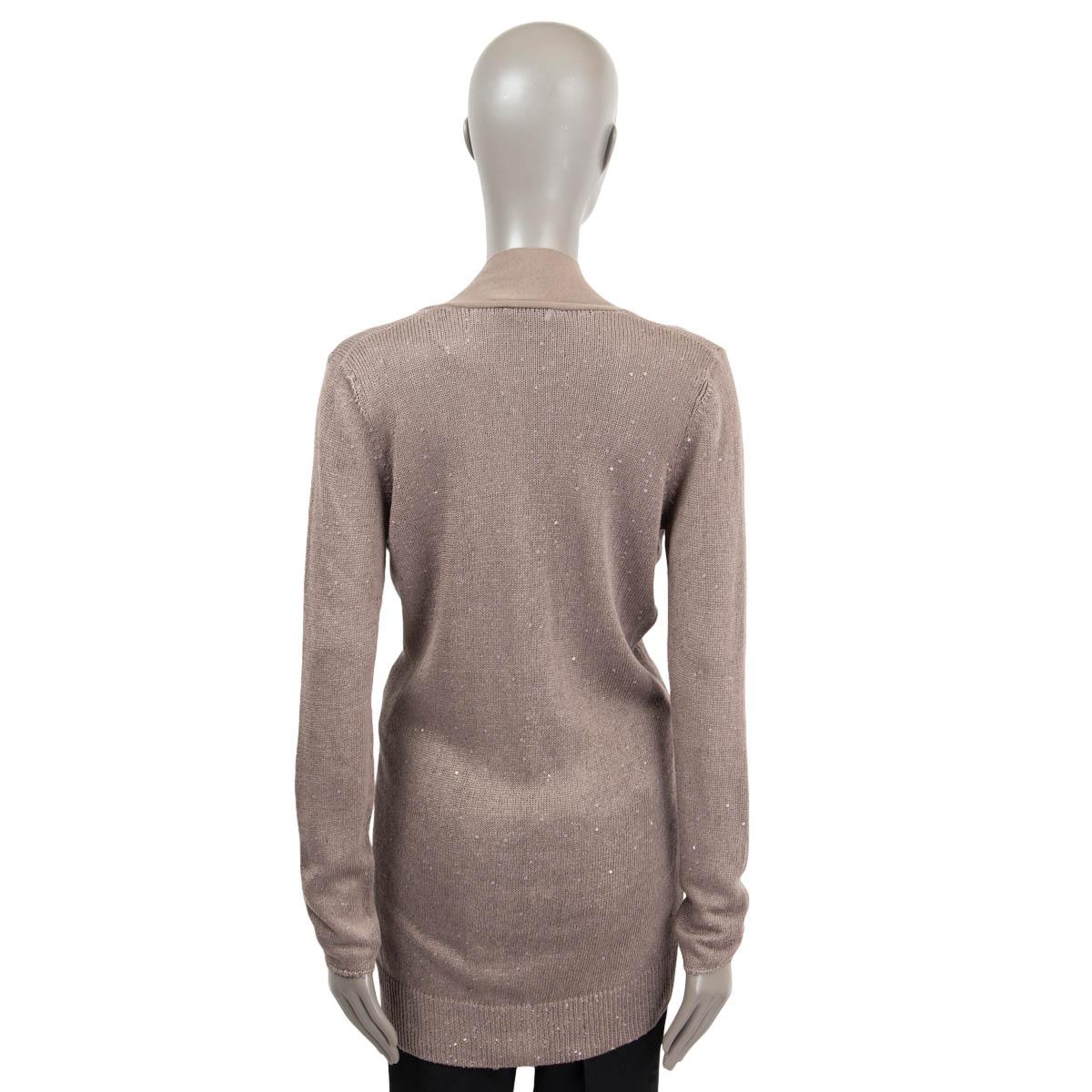 Women's BRUNELLO CUCINELLI taupe linen & silk MICRO SEQUIN Cardigan Sweater XL For Sale