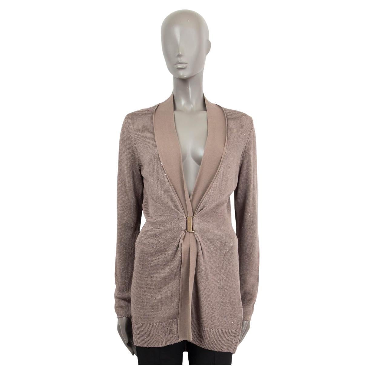 BRUNELLO CUCINELLI taupe linen & silk MICRO SEQUIN Cardigan Sweater XL