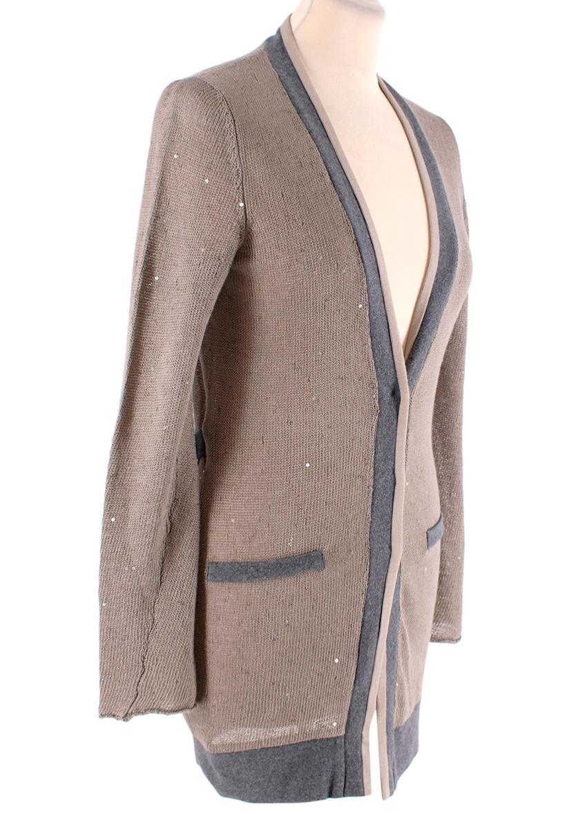 Brunello Cucinelli Taupe Sequin Embellished Silk Blend Cardigan
 

 - Longline silk blend cardigan in warm taupe colour with tonal micro sequins dotted throughout 
 - Contrast neckline, placket & hems featuring a dark grey marl and ivory striped
