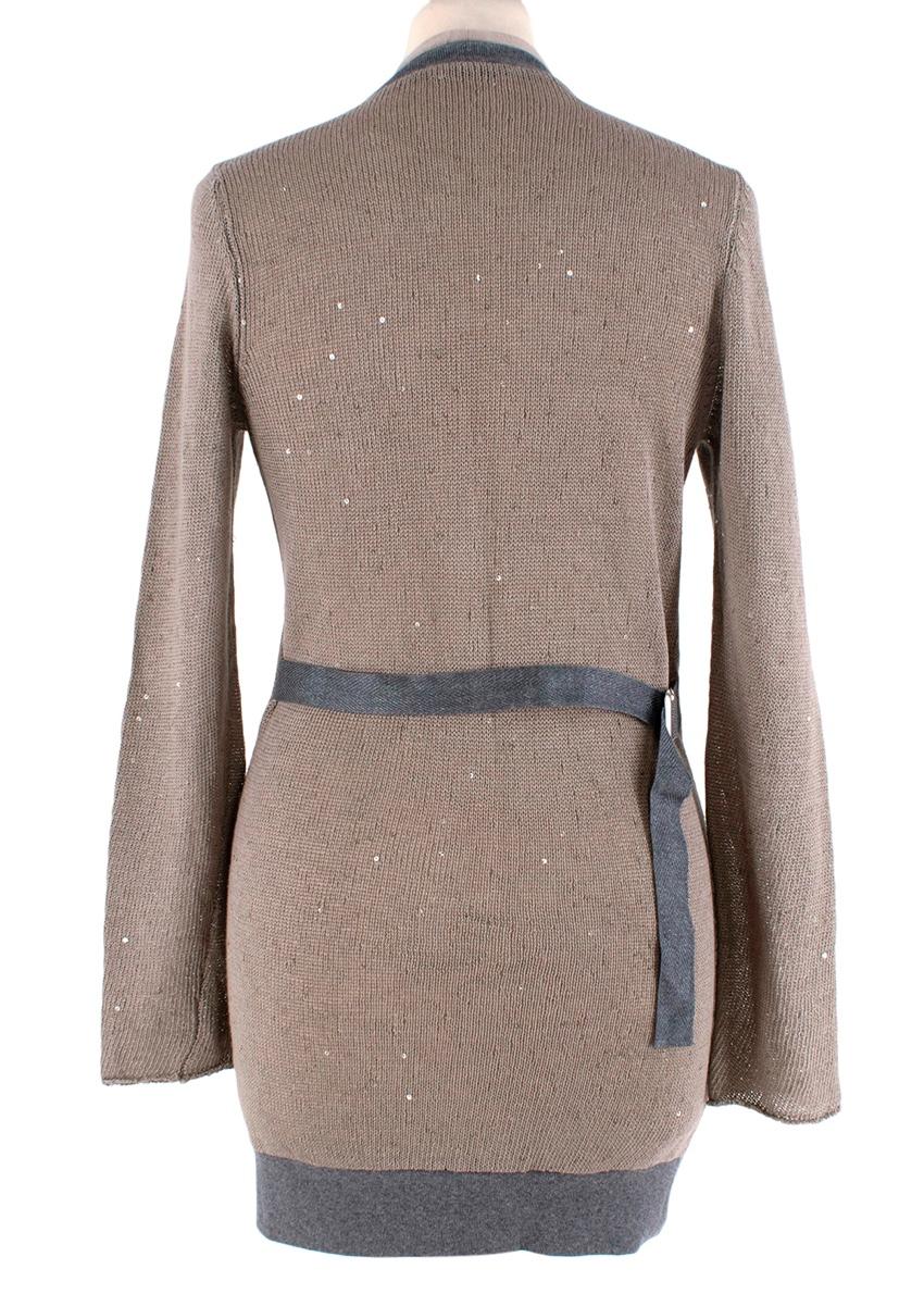 Gray Brunello Cucinelli Taupe Sequin Embellished Silk Blend Cardigan - US 0 For Sale