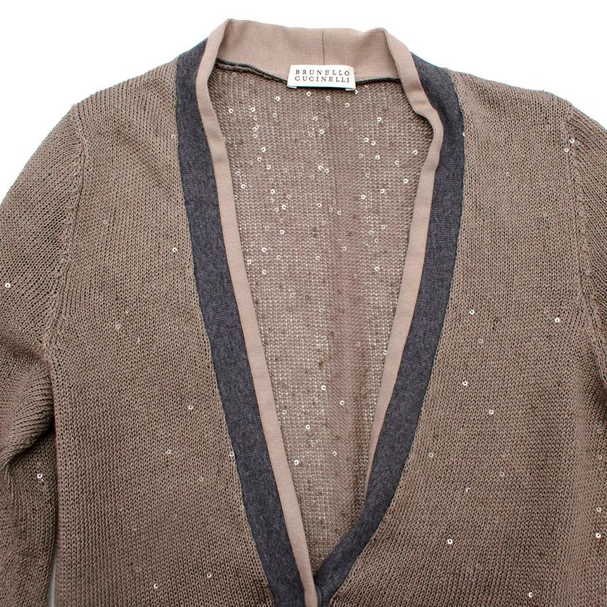 Brunello Cucinelli Taupe Sequin Embellished Silk Blend Cardigan - US 0 In Excellent Condition For Sale In London, GB