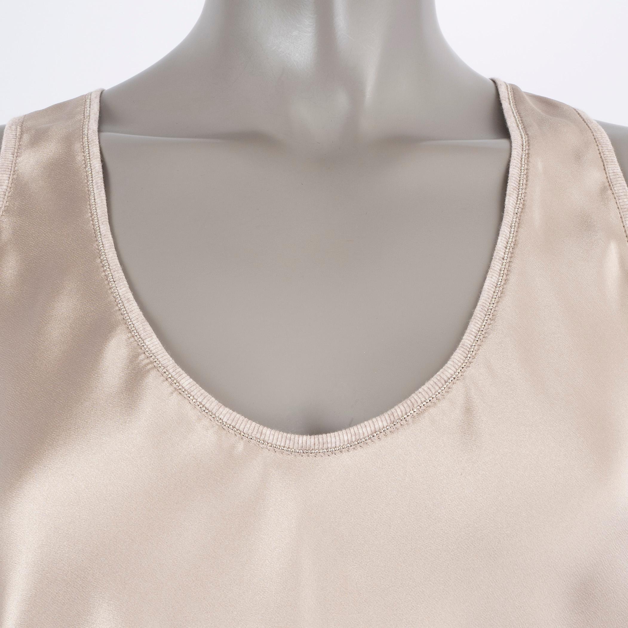 Women's BRUNELLO CUCINELLI taupe silk MONILI SATIN Tank Top Shirt XL For Sale