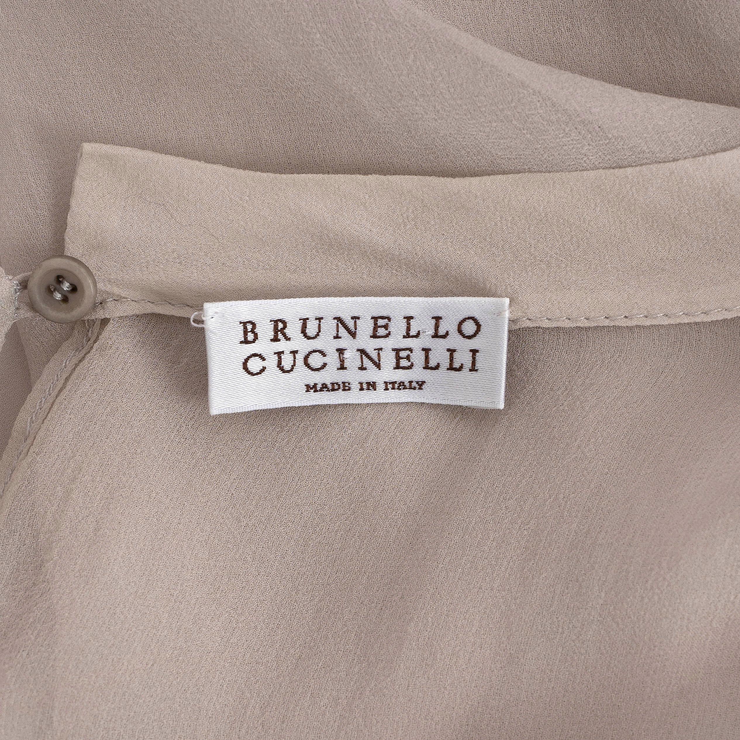 BRUNELLO CUCINELLI taupe silk SHEER ORGANZA TUNIC Blouse Shirt L For Sale 1