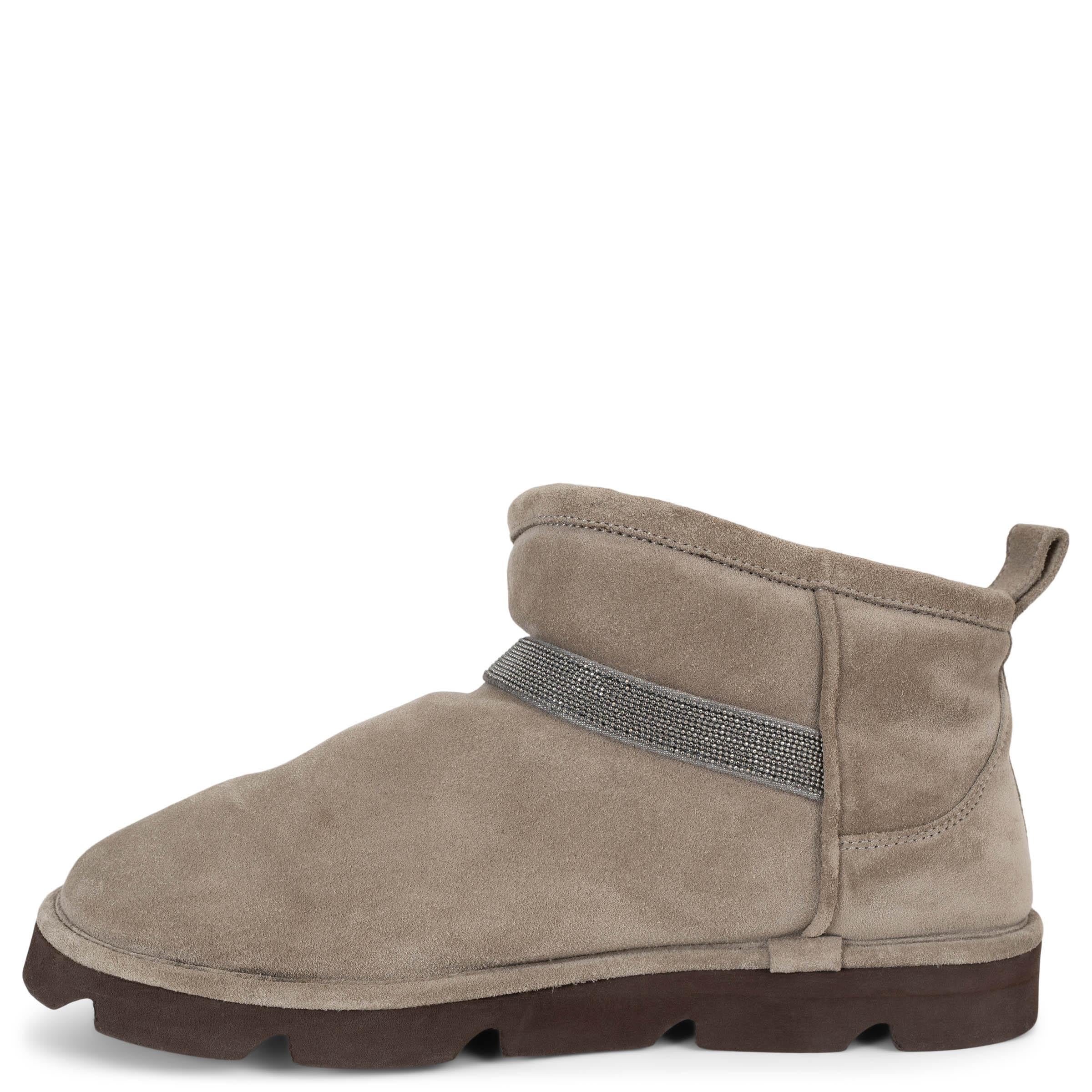Brown BRUNELLO CUCINELLI taupe suede 2023 MONILI STRAP SHEARLING LINED Boots Shoes 38 For Sale