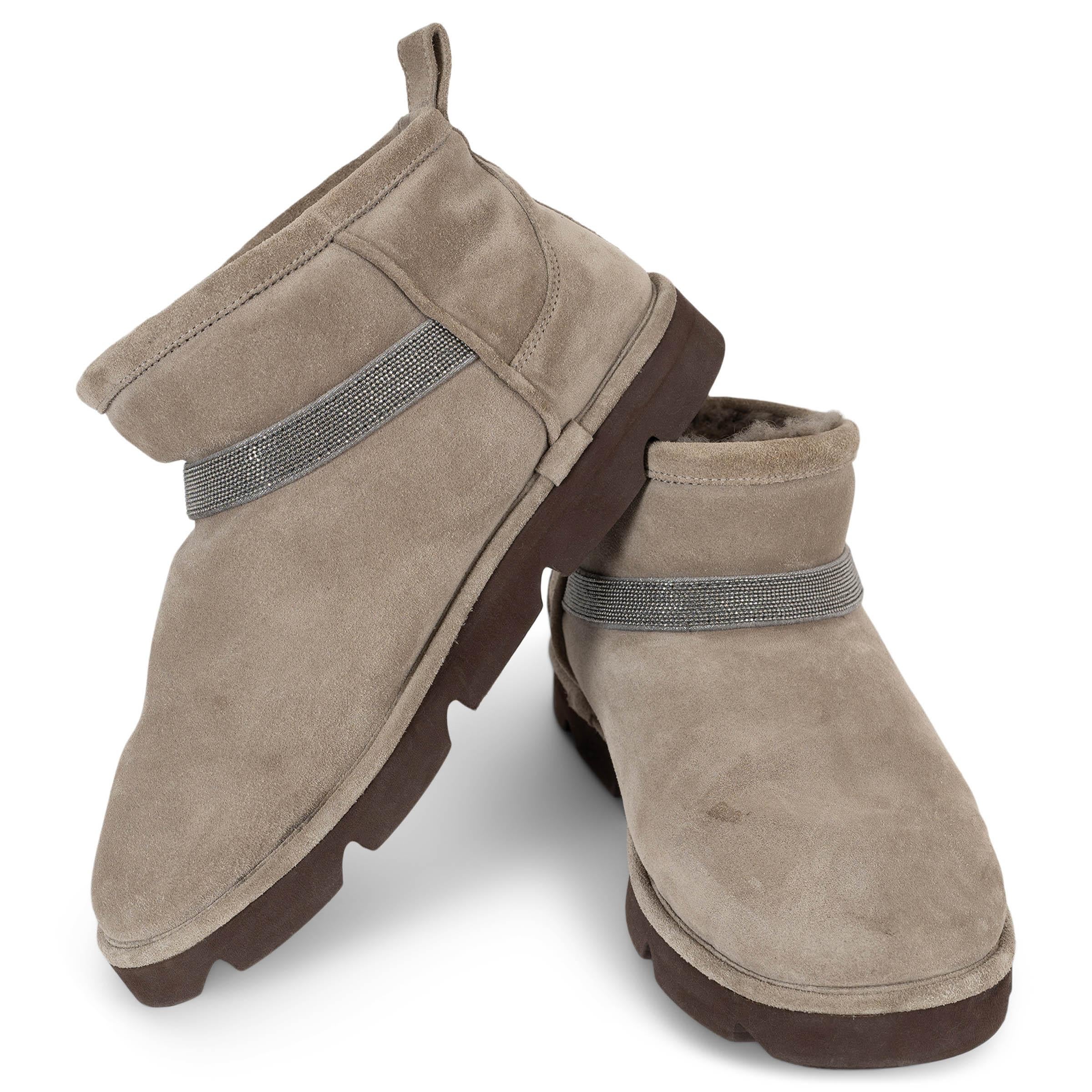 BRUNELLO CUCINELLI taupe suede 2023 MONILI STRAP SHEARLING LINED Boots Shoes 38 For Sale 1
